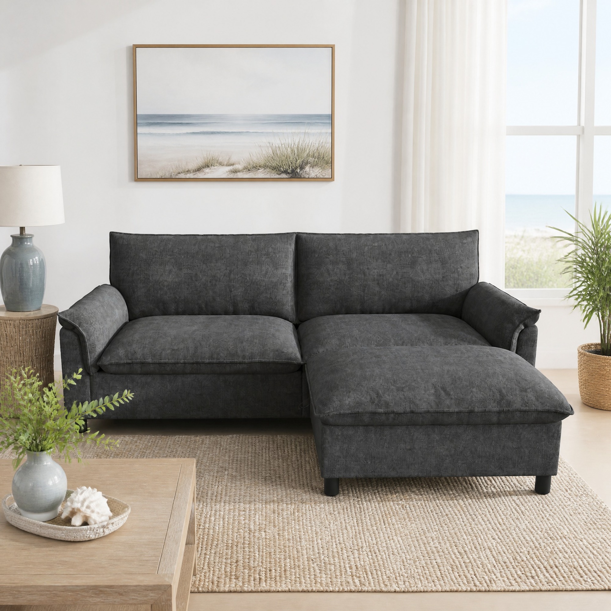 Canapé D'angle Modulable Avec Pouf Mobile Et Coffre, Chenille Noire 216x77x82 Cm Redom