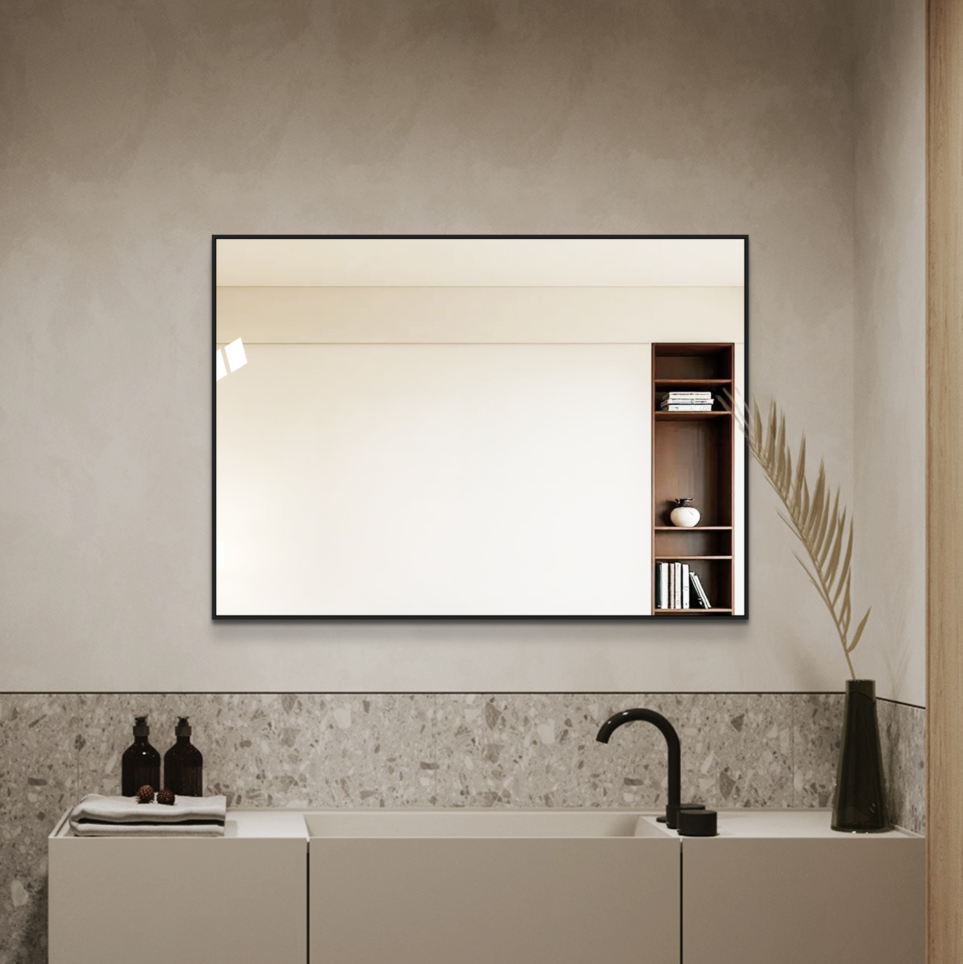 Miroir De Salle De Bain 50 X 70 Cm Avec Cadre En Aluminium Noir, Fixation Murale