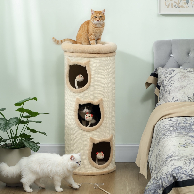 Tour À Griffer Pour Chat 96 Cm À 4 Niveaux, 3 Niches, Couchage Lavable, Sisal, Blanc Crème
