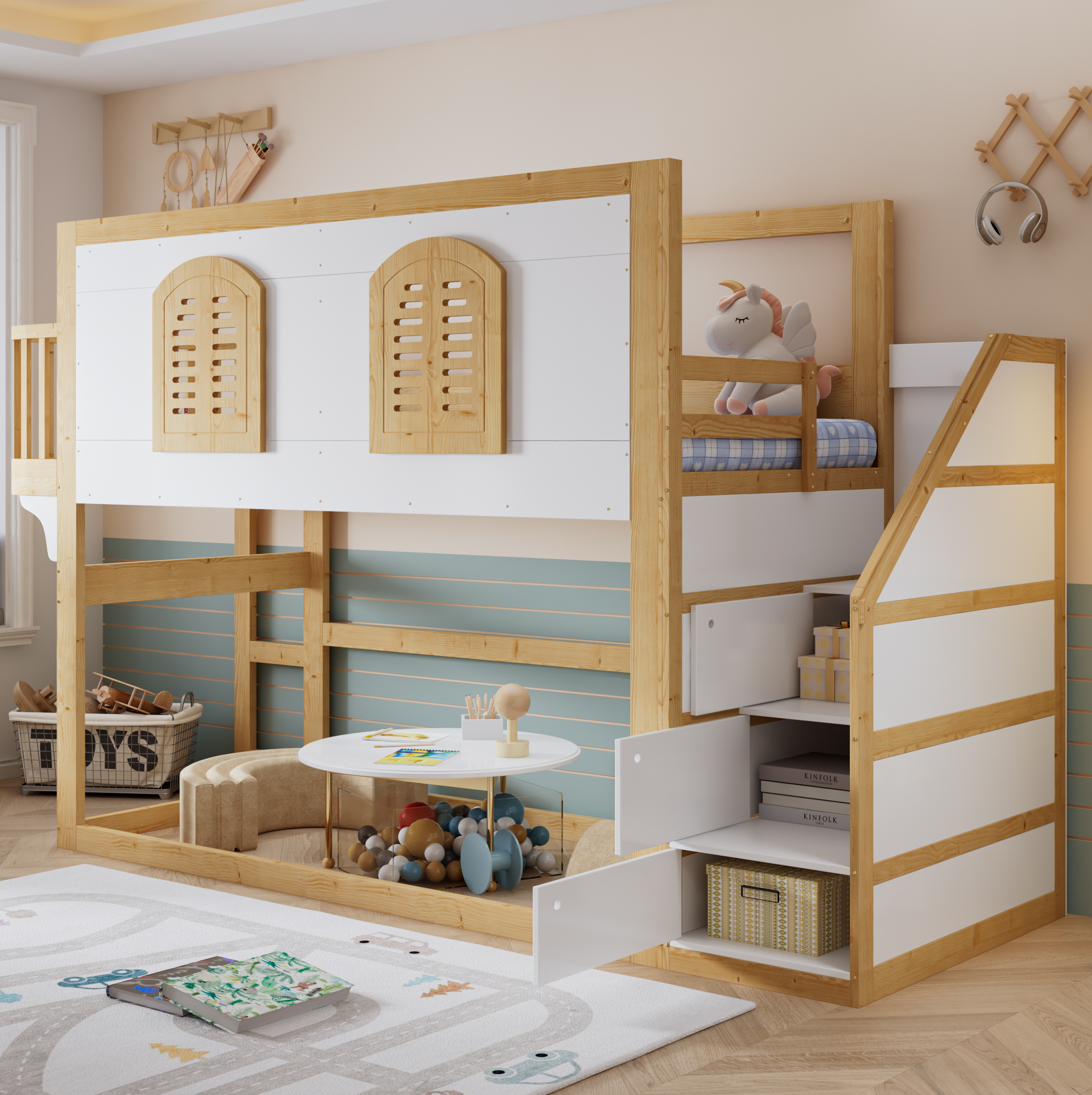Lit Mezzanine Enfant 90x200 Cm Avec Escalier De Rangement, Espace De Jeu, Bois Blanc Et Naturel