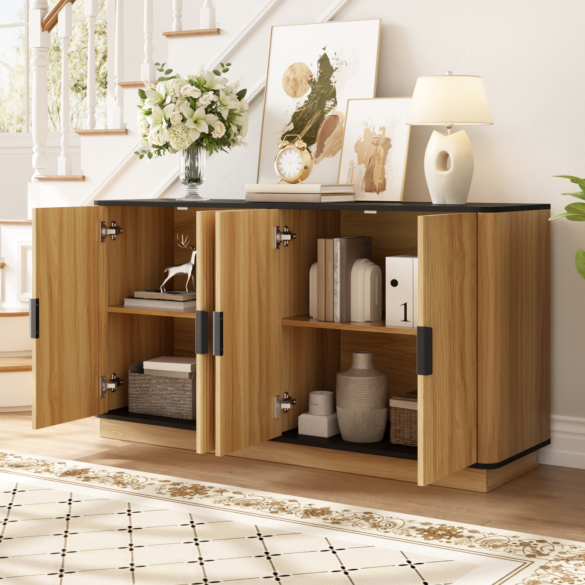 Redom Buffet 139x40x75 Cm, Effet Ondulé, Rangement Fermé, Charnières Silencieuses, Panneau De Particules, Naturel