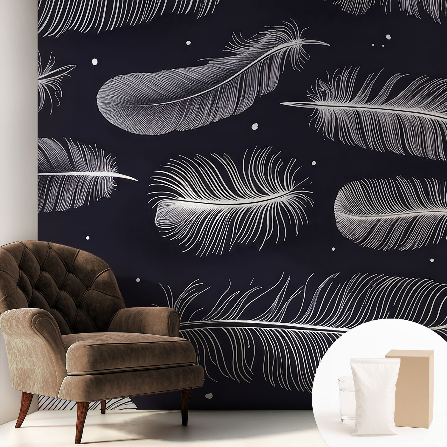 Papier Peint Intissé Décoratif Pour Chambre Et Salon Design Moderne À Poser Facilement - Colle Incluse Gratuite Plumes Subtiles 250x250 Cm