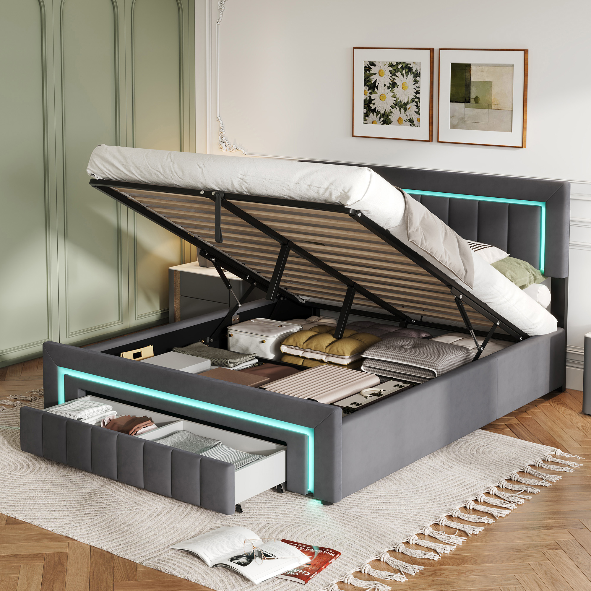 Redom Lit Coffre 140x200 Cm Avec Éclairage Led, Espace De Rangement, Tiroirs Et Roulettes, Gris (sans Matelas)