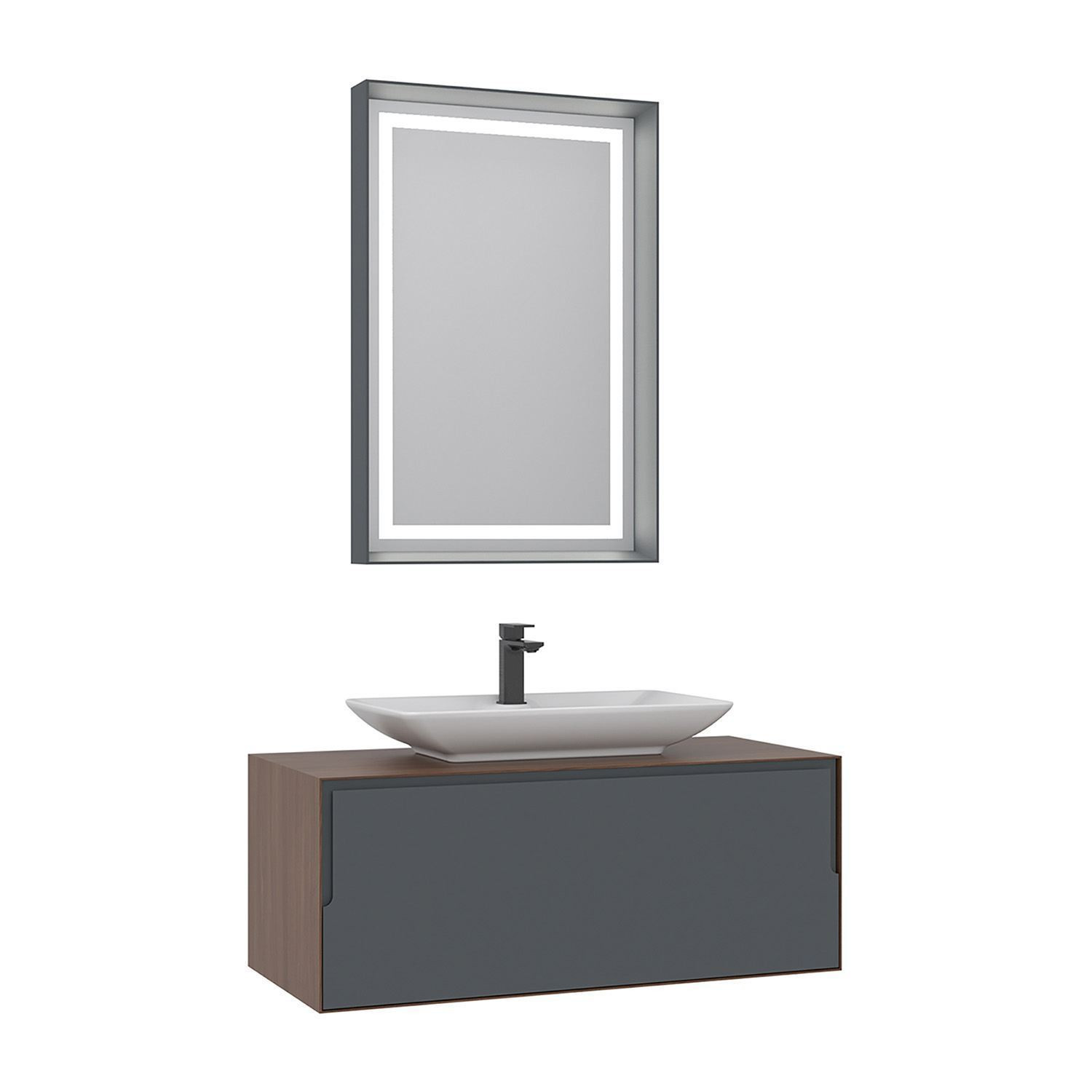 Meuble Avec Simple Vasque Et Miroir "craft 100" - 100 X 50 X 40 Cm - Walnut / Anthracite / White