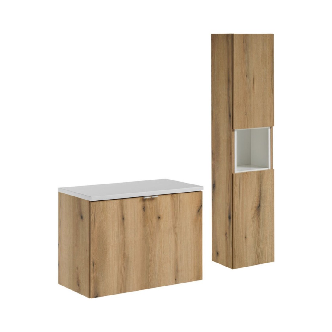 Ensemble De Salle De Bain Vano Aspect Chêne Et Blanc 110cm: Meubles Sous Vasque À Placards + Plan Pour Vasque + Colonne