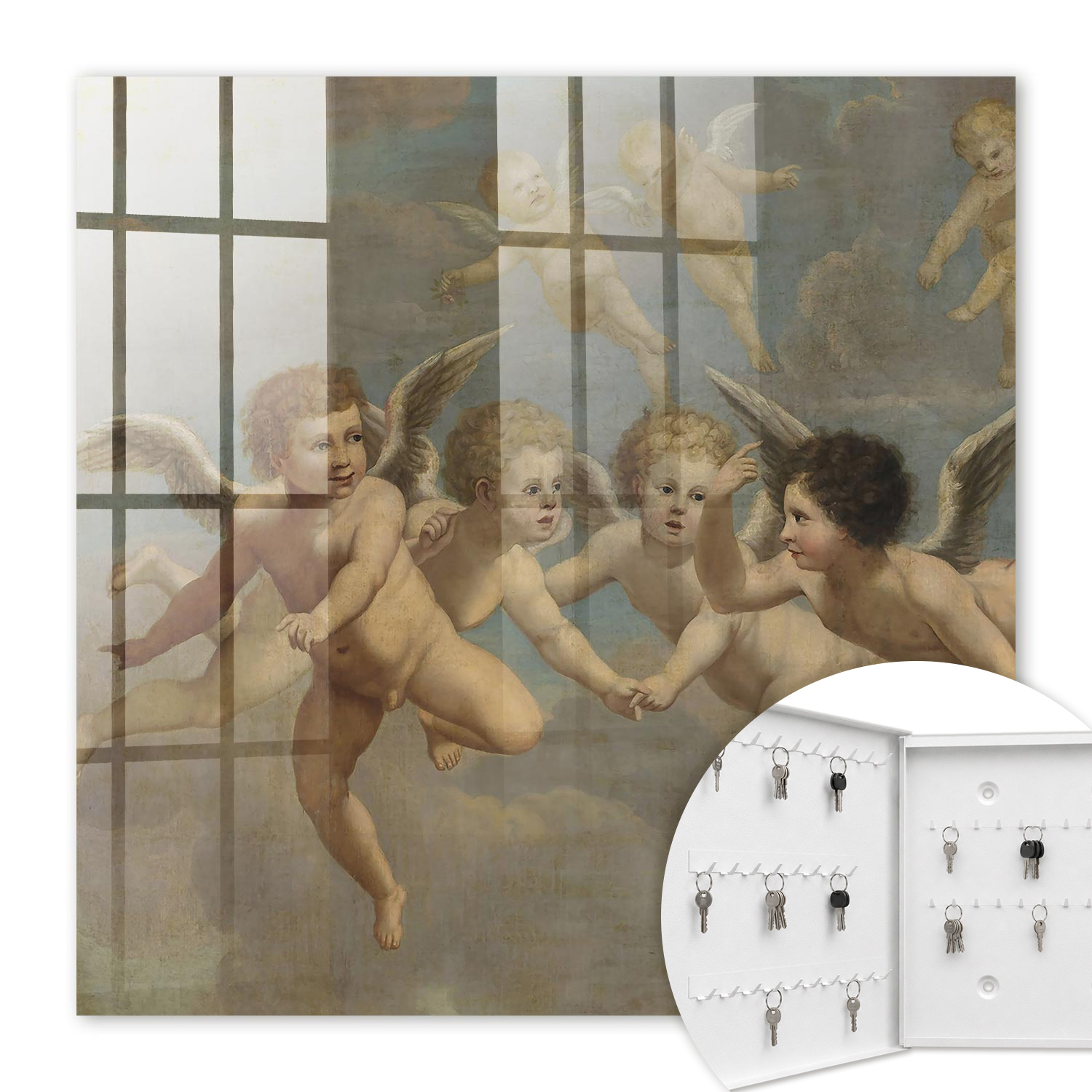 Armoire À Clés - (30 Cm X 30 Cm) - Boîte À Clés Murale - Coffret De Rangement Pour Clés - Couleur Blanche - Ouverture Vers La Gauche - Pour Maison Et Bureau - Anges Volants Putti Peinture Baroque