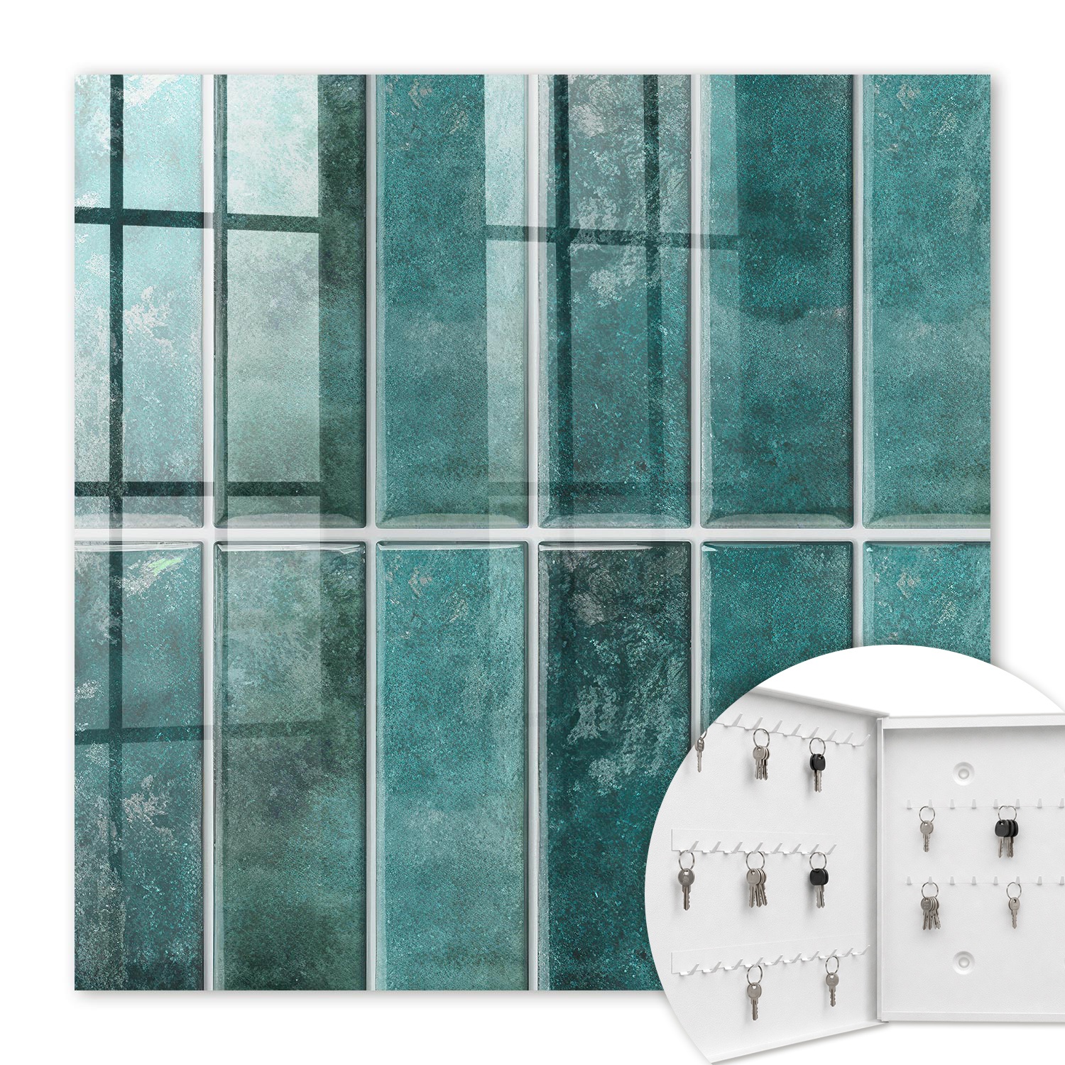Armoire À Clés - (30 Cm X 30 Cm) - Boîte À Clés Murale - Coffret De Rangement Pour Clés - Couleur Blanche - Ouverture Vers La Gauche - Pour Maison Et Bureau - Carreaux Turquoise
