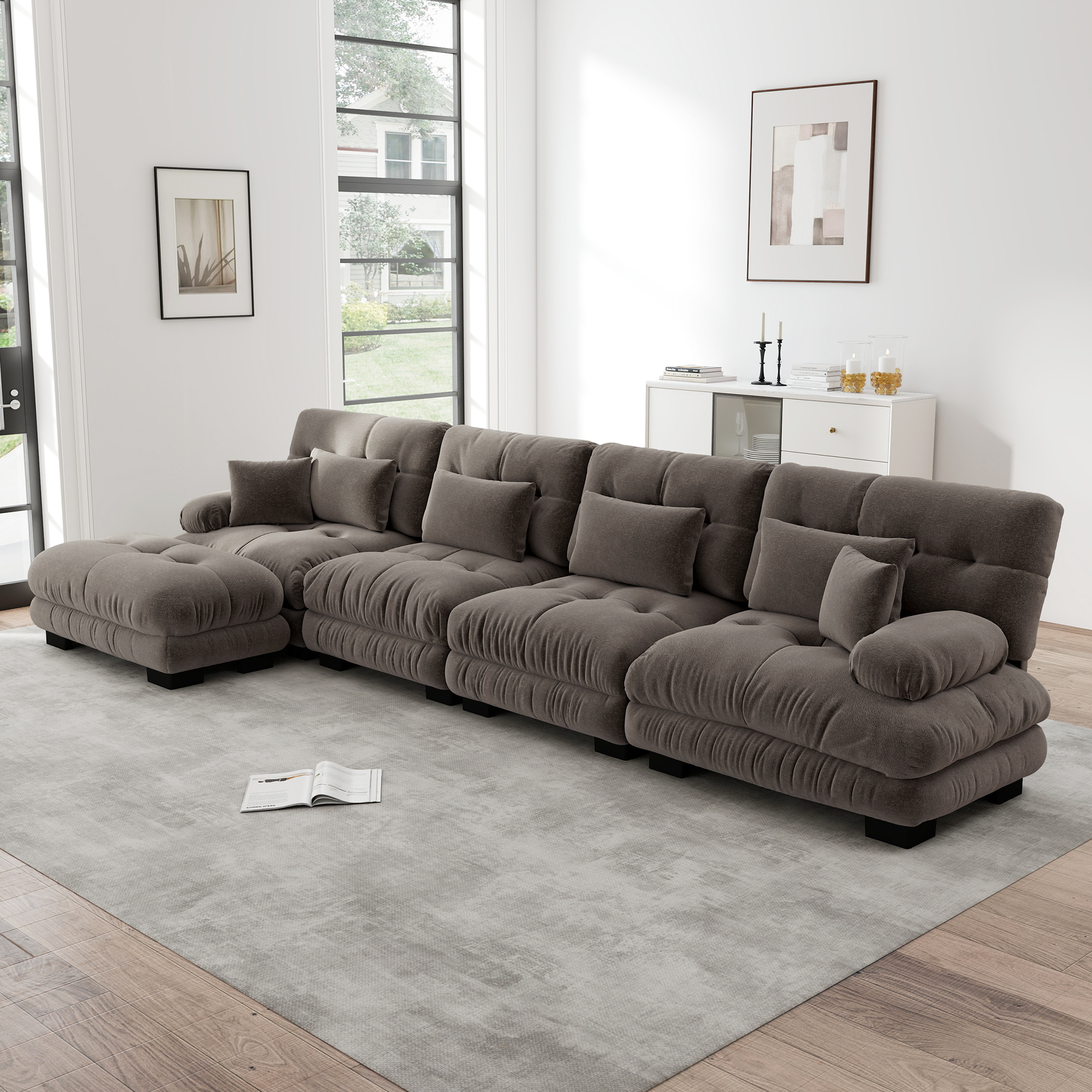 Redom Canapé 4 Places Modulaire D'Angle, Forme L Ou U, Ottomans Mobiles, Assise Profonde Confort, Chenille Vintage Marron