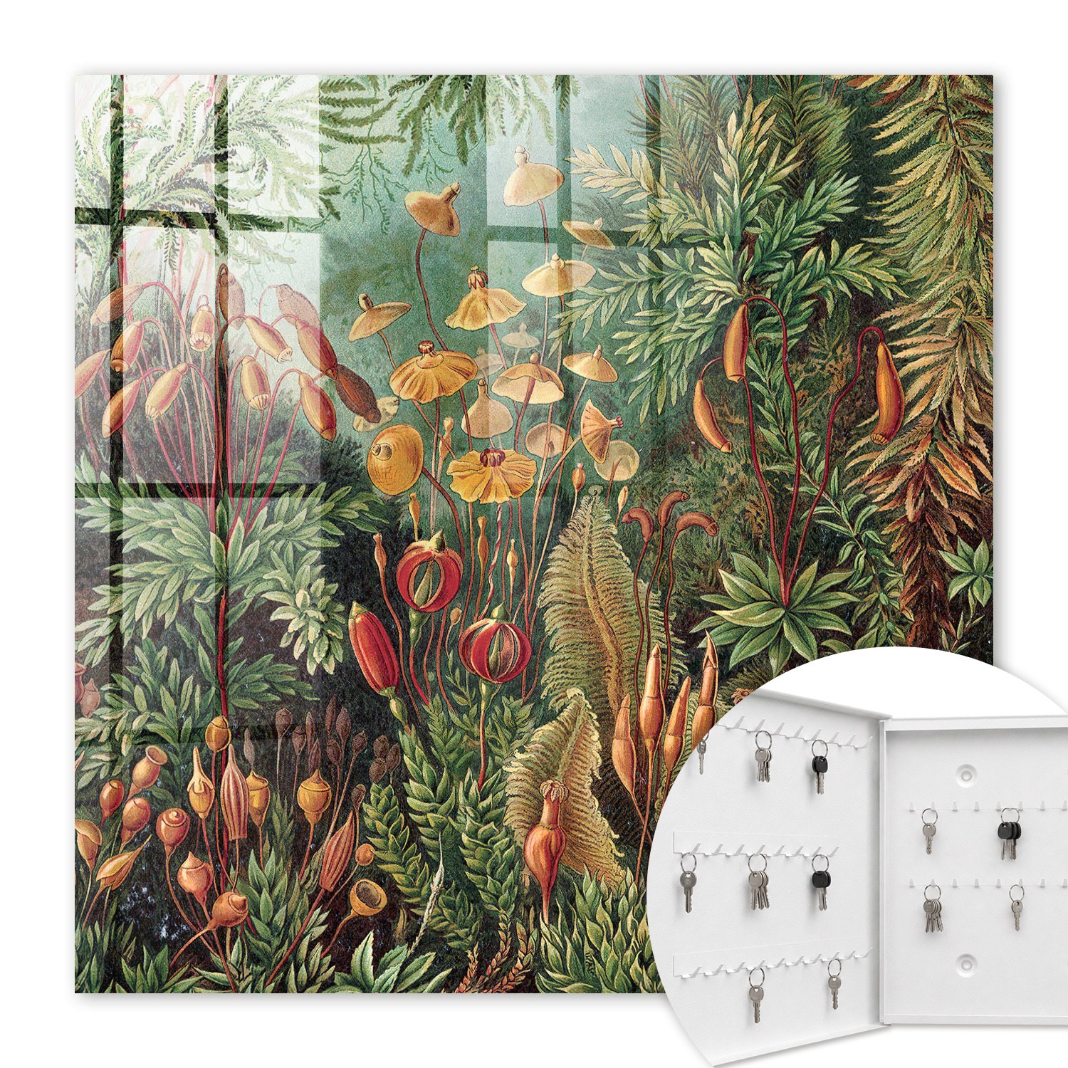 Armoire À Clés - (30 Cm X 30 Cm) - Boîte À Clés Murale - Coffret De Rangement Pour Clés - Couleur Blanche - Ouverture Vers La Gauche - Pour Maison Et Bureau - Feuilles Vertes