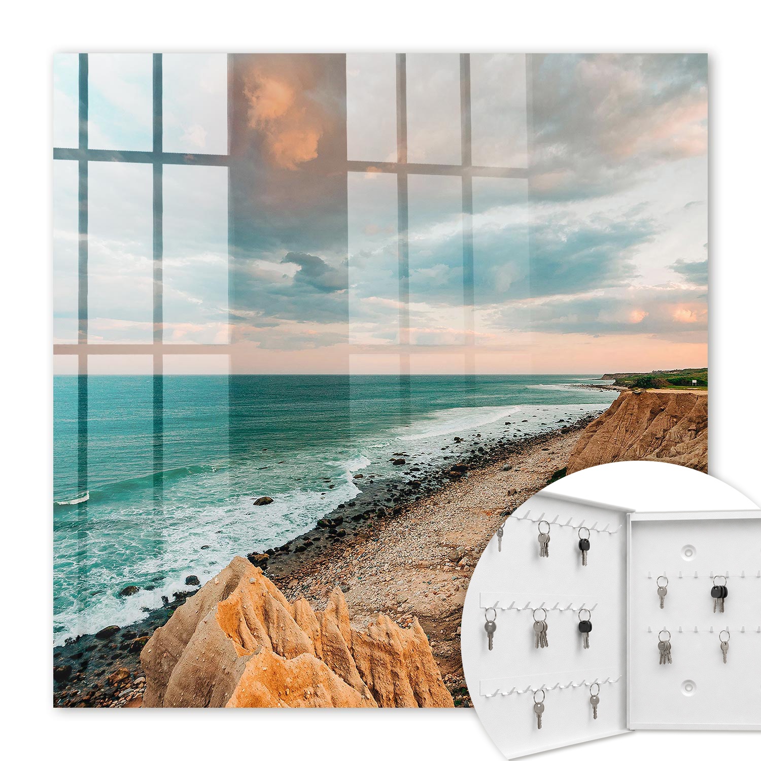 Armoire À Clés - (30 Cm X 30 Cm) - Boîte À Clés Murale - Coffret De Rangement Pour Clés - Couleur Blanche - Ouverture Vers La Gauche - Pour Maison Et Bureau - Falaise Océanique