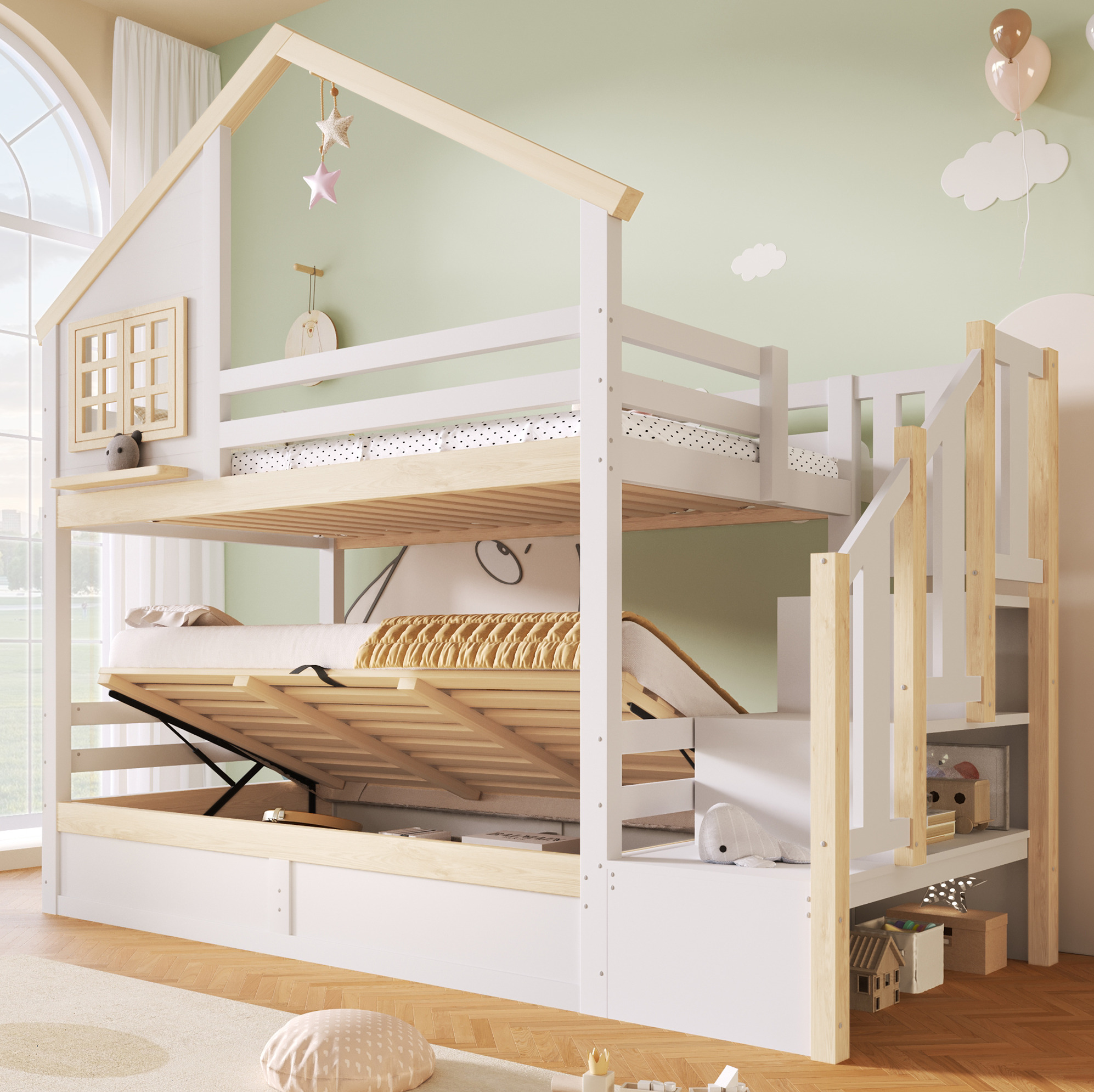 Lit Superposé Enfant 90x200 Cm Avec Rangement Hydraulique, Barrière, Blanc Et Naturel