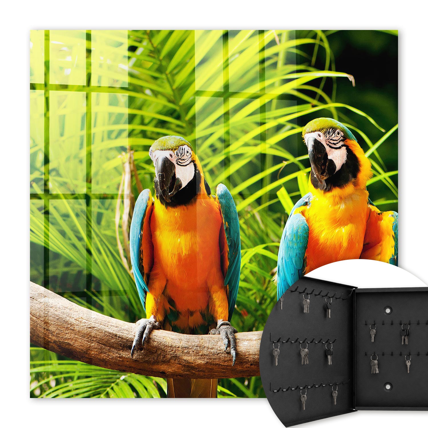 Armoire À Clés - (30 Cm X 30 Cm) - Boîte À Clés Murale - Coffret De Rangement Pour Clés - Couleur Noire - Ouverture Vers La Gauche - Pour Maison Et Bureau - Oiseaux Tropicaux