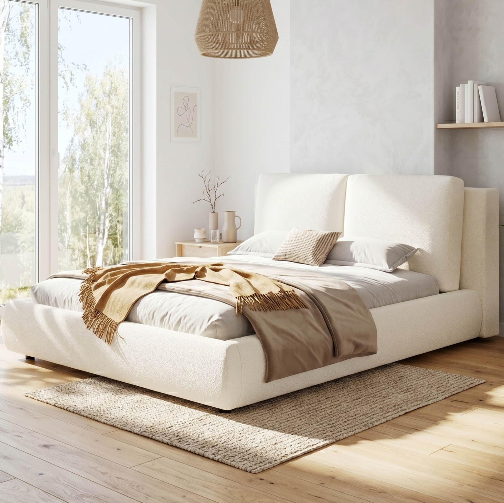 Lit Double 180x200 Cm Avec Sommier Et Tête De Lit Rembourrée En Bouclé Beige Redom