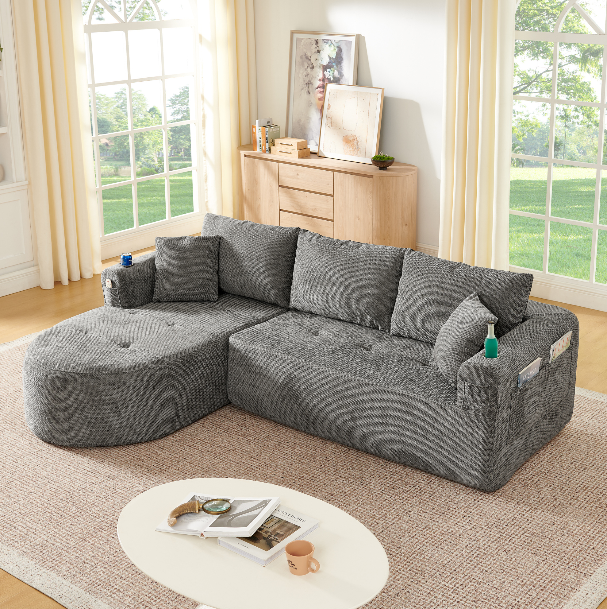 Canapé D'Angle Modulable Avec Porte-gobelet En Acier Inoxydable Et Poches Latérales, En Tissu Gris, 255x170x67 Cm