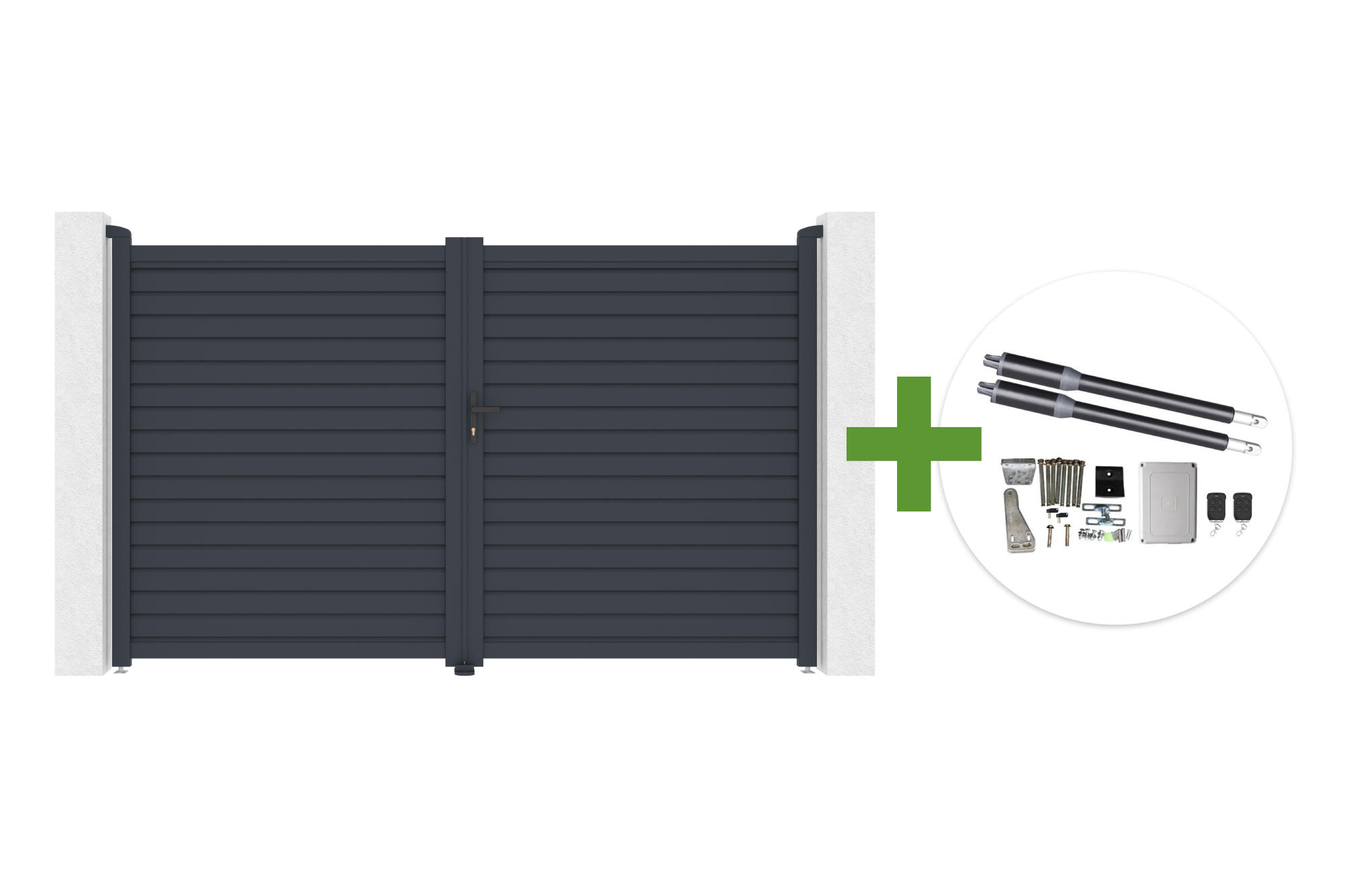 Portail Battant 3m Calancia H.180cm Lames Persiennes Aluminium Gris + Moteur Ranger B150