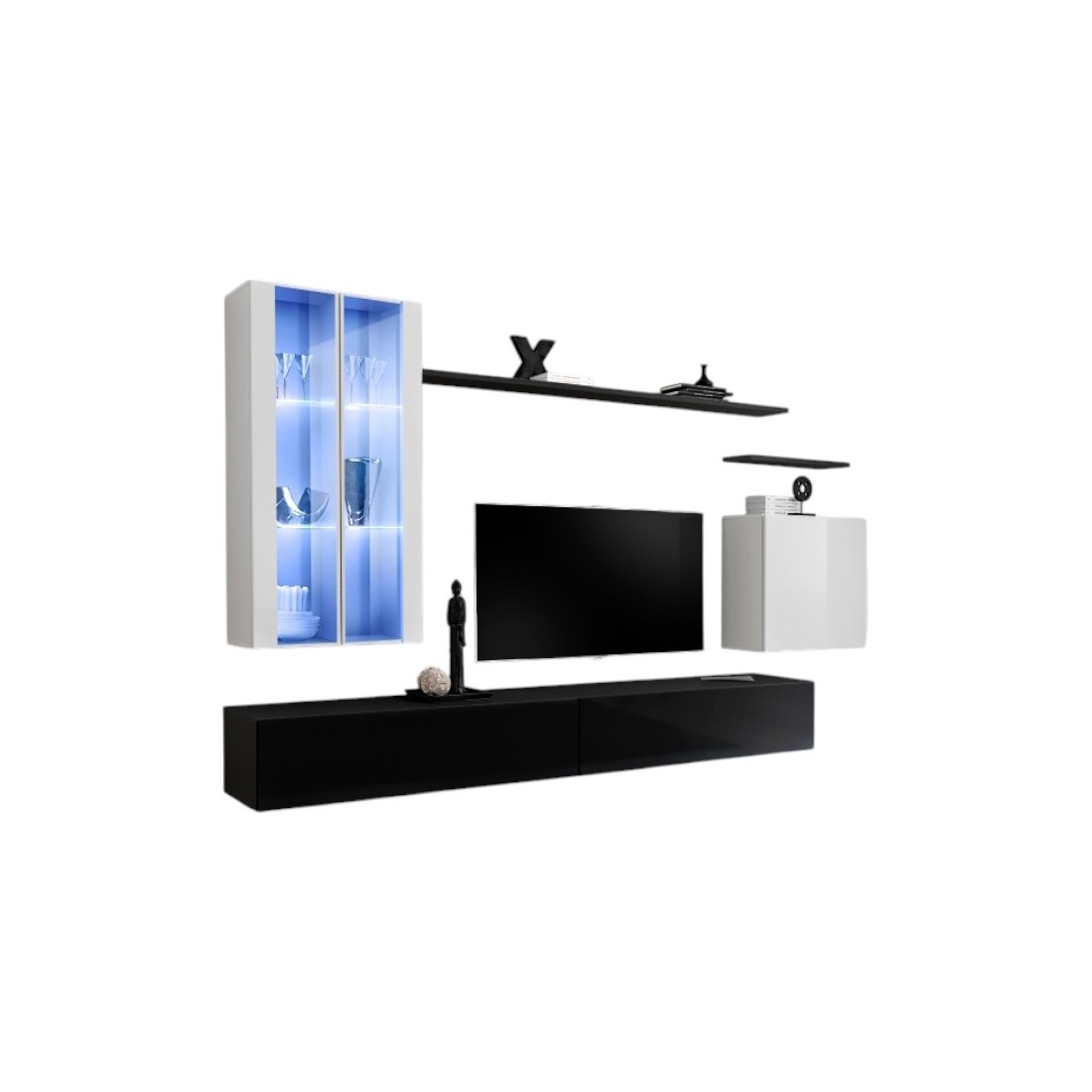 Meublorama - Ensemble Meuble Salon Mural Switch Xii Design, Coloris Noir Et Blanc Brillant.
