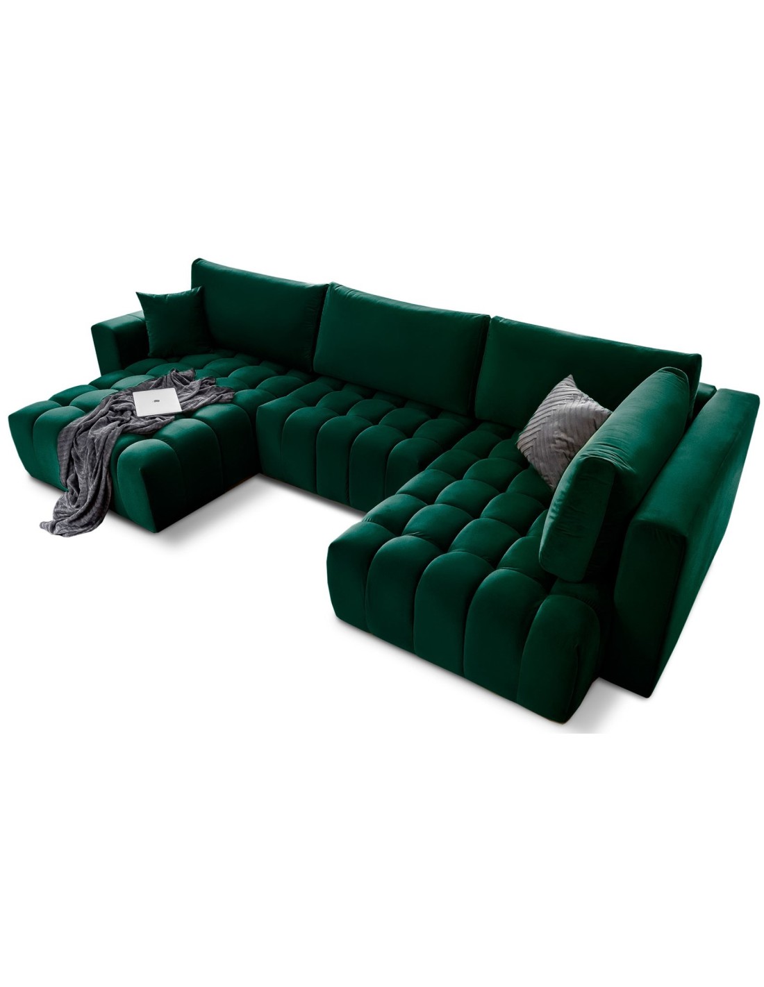 Canapé D'Angle Bonita Convertible 6 Places Vert Foncé Effet Velours - Gauche - 350x175cm