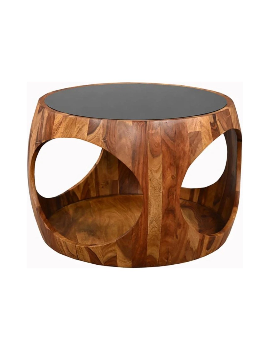 Table Basse Ronde Nera 60 Cm En Bois De Sheesham Massif Et Verre Fumé Avec Niche Ouverte
