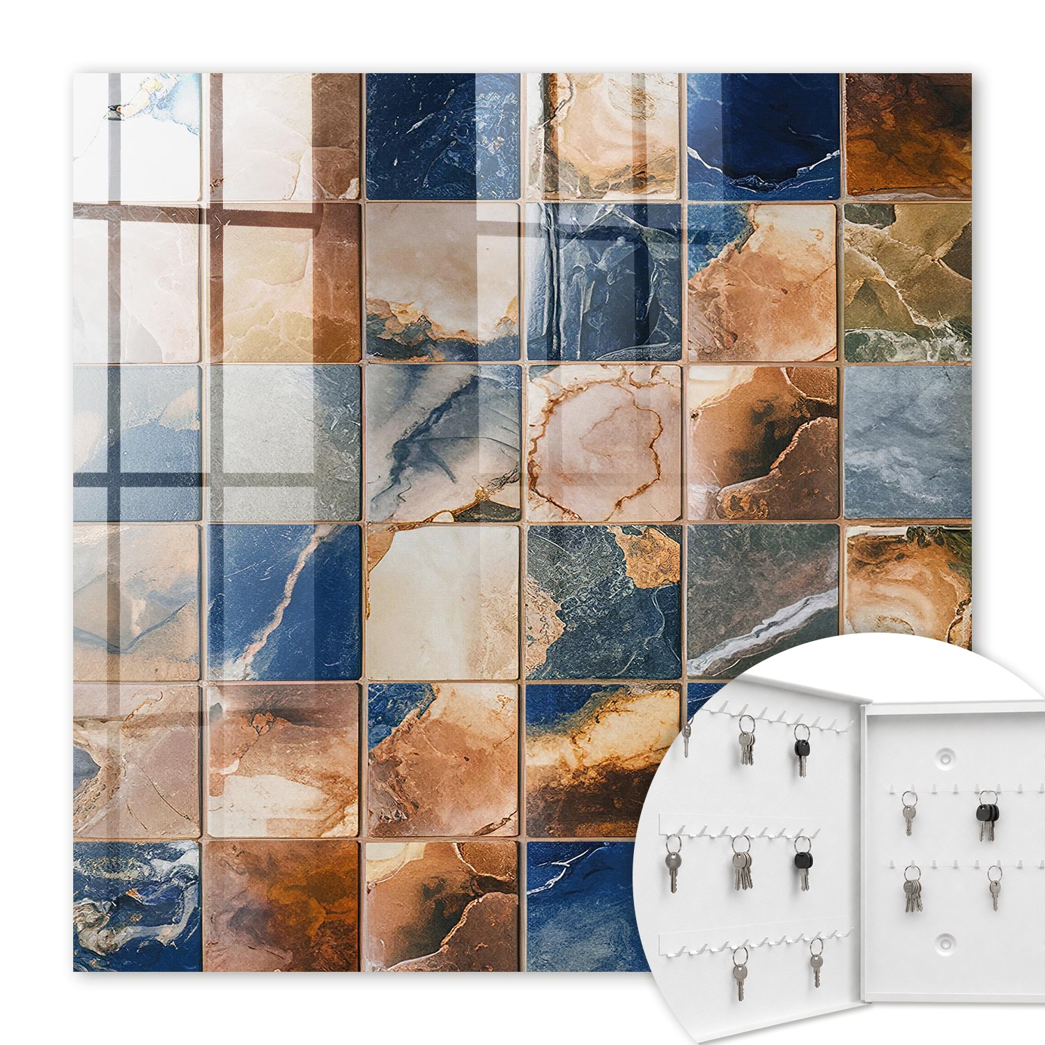 Armoire À Clés - (30 Cm X 30 Cm) - Boîte À Clés Murale - Coffret De Rangement Pour Clés - Couleur Blanche - Ouverture Vers La Gauche - Pour Maison Et Bureau - Mosaïque De Marbre