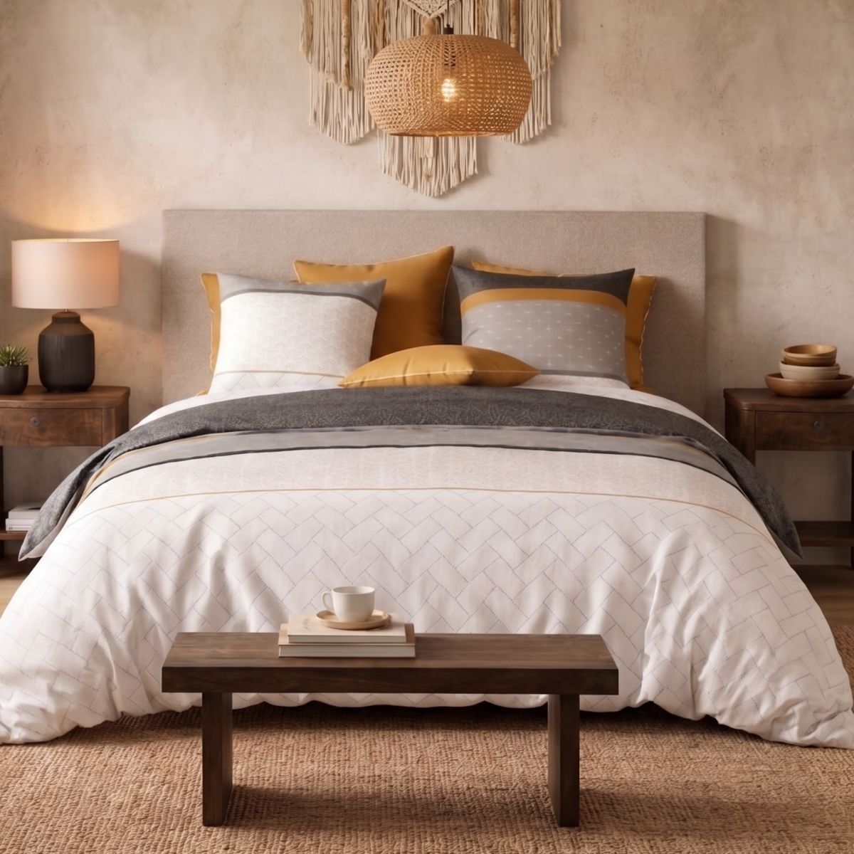 Parure Housse De Couette 260x240cm + 2 Taies Motif Graphique Blanc Et Gris 100% Coton - Lunelle