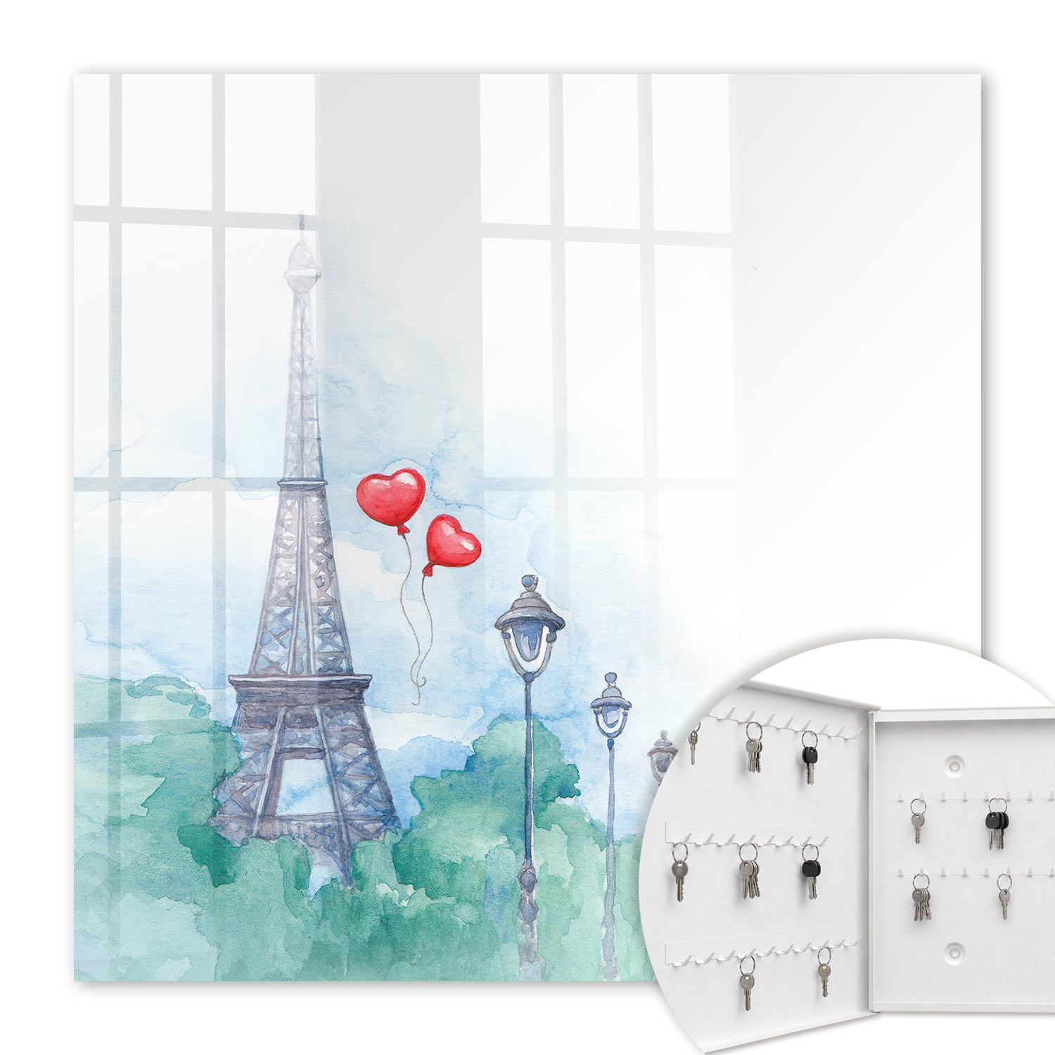 Armoire À Clés - (30 Cm X 30 Cm) - Boîte À Clés Murale - Coffret De Rangement Pour Clés - Couleur Blanche - Ouverture Vers La Gauche - Pour Maison Et Bureau - Paysages Parisiens