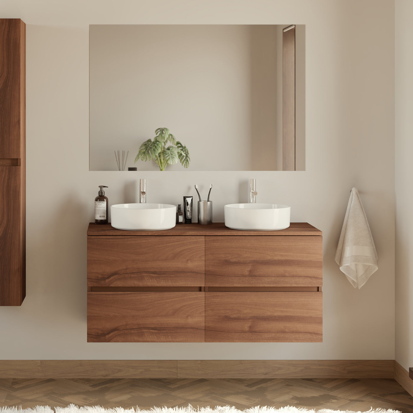 Meuble De Salle De Bain 140cm Avec Plateau Et 2 Vasques À Poser Rondes - 4 Tiroirs - Noyer (bois Foncé) - Ida