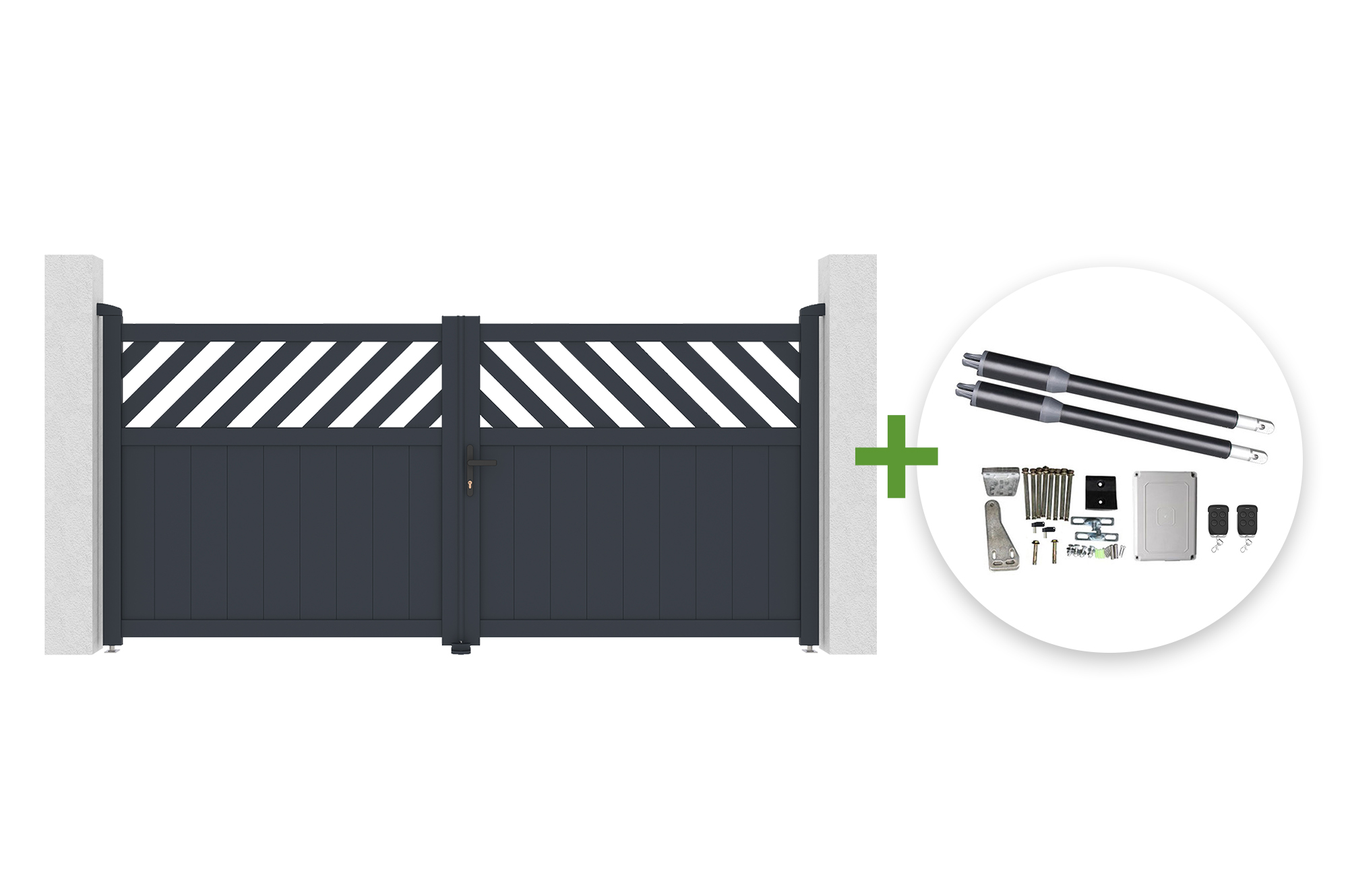 Portail Battant 3m Helmis H.140cm Aluminium Gris + Motorisation De Portail Battant Ranger B150