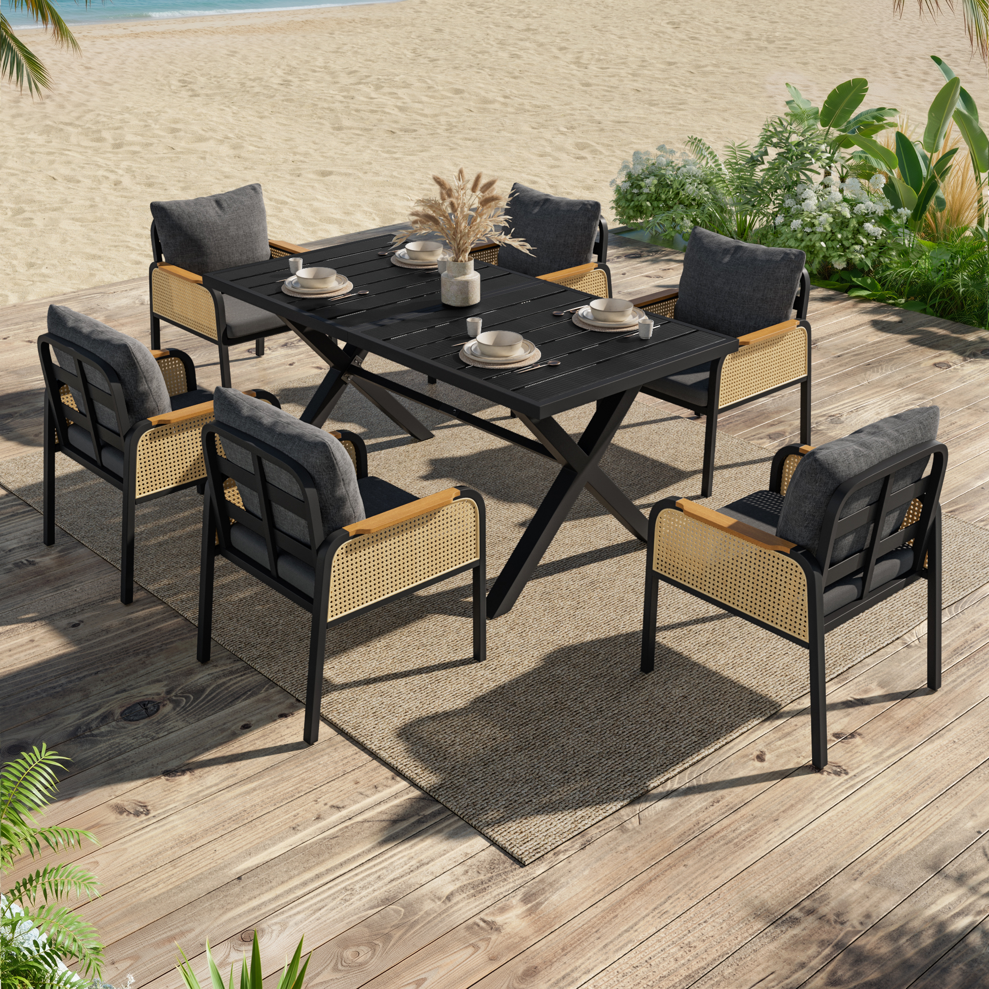 Redom Ensemble De Jardin 148x80x75 Cm, Table Et 6 Chaises, Accoudoirs En Rotin, Coussins Épais, Fer Et Polyester Noir Naturel