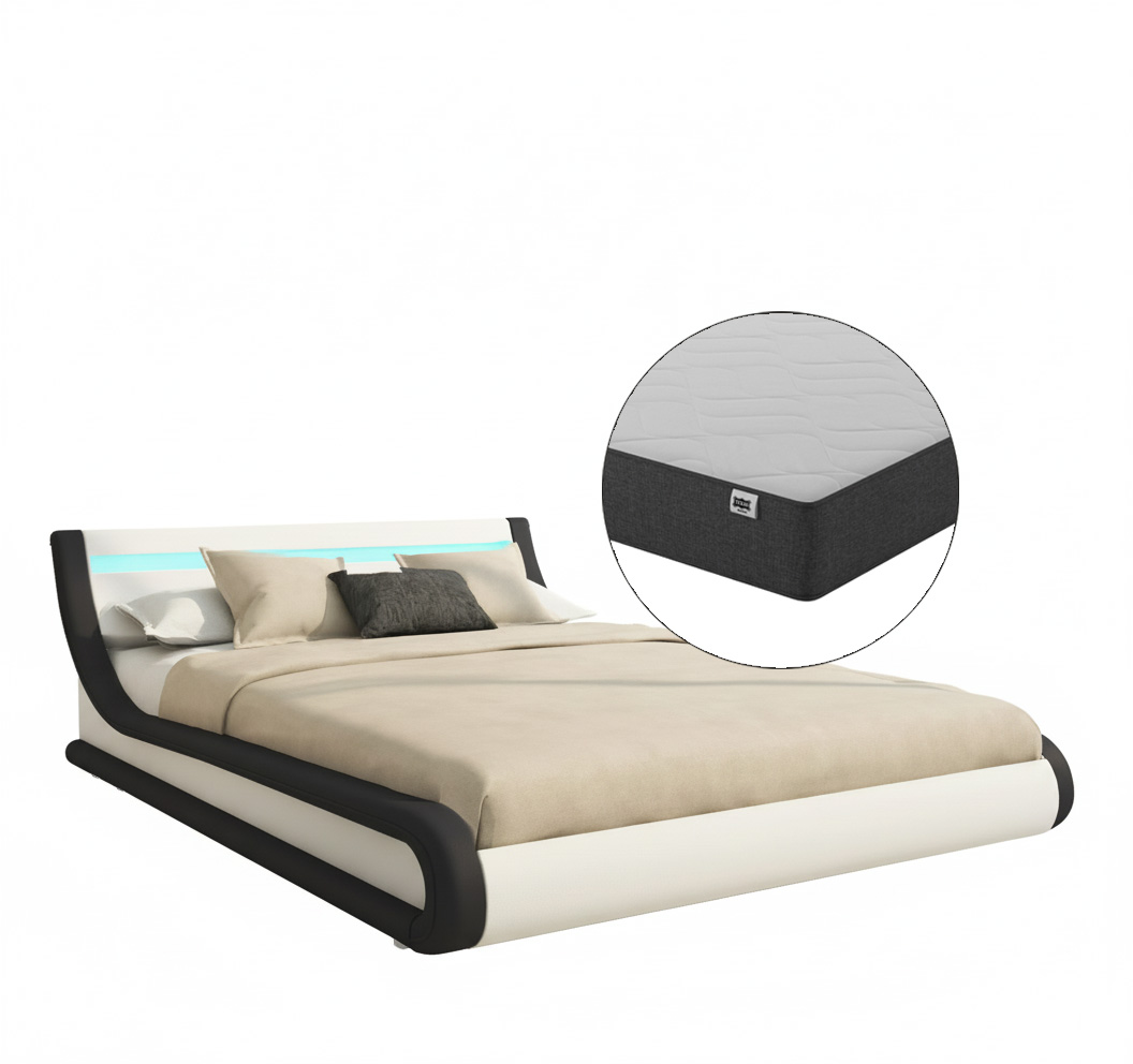 Lit Coffre Avec Matelas Texas Lit Adulte Couleur Blanc Et Noir Avec Led Matériaux Bois Et Simili Cuir Coffre De Rangement Modèle Parisina 140x190cm