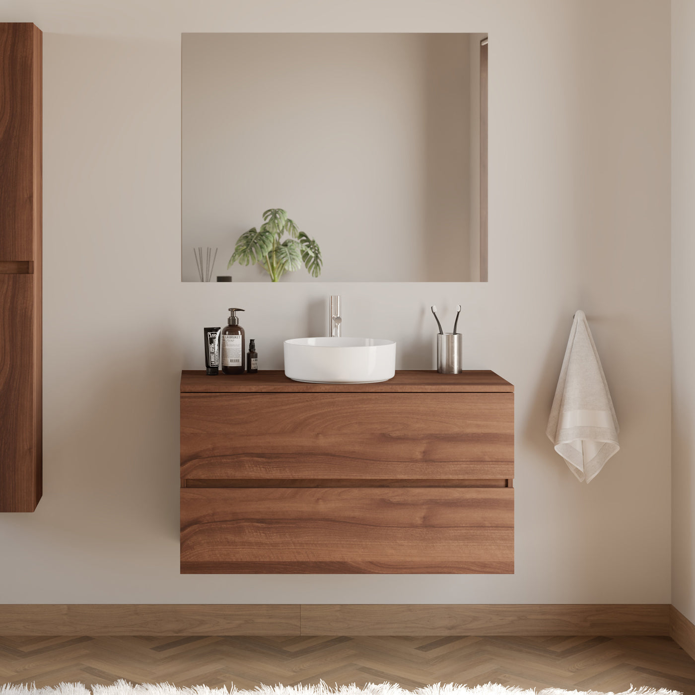 Meuble De Salle De Bain 90cm Avec Plateau Et Vasque À Poser Ronde - 2 Tiroirs - Noyer (bois Foncé) - Ida