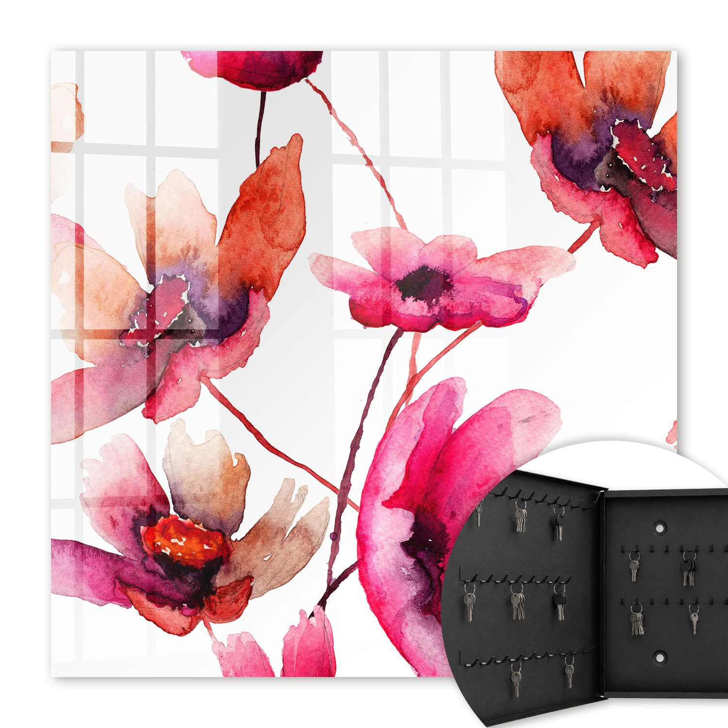 Armoire À Clés - (30 Cm X 30 Cm) - Boîte À Clés Murale - Coffret De Rangement Pour Clés - Couleur Noire - Ouverture Vers La Gauche - Pour Maison Et Bureau - Fleurs À L'Aquarelle