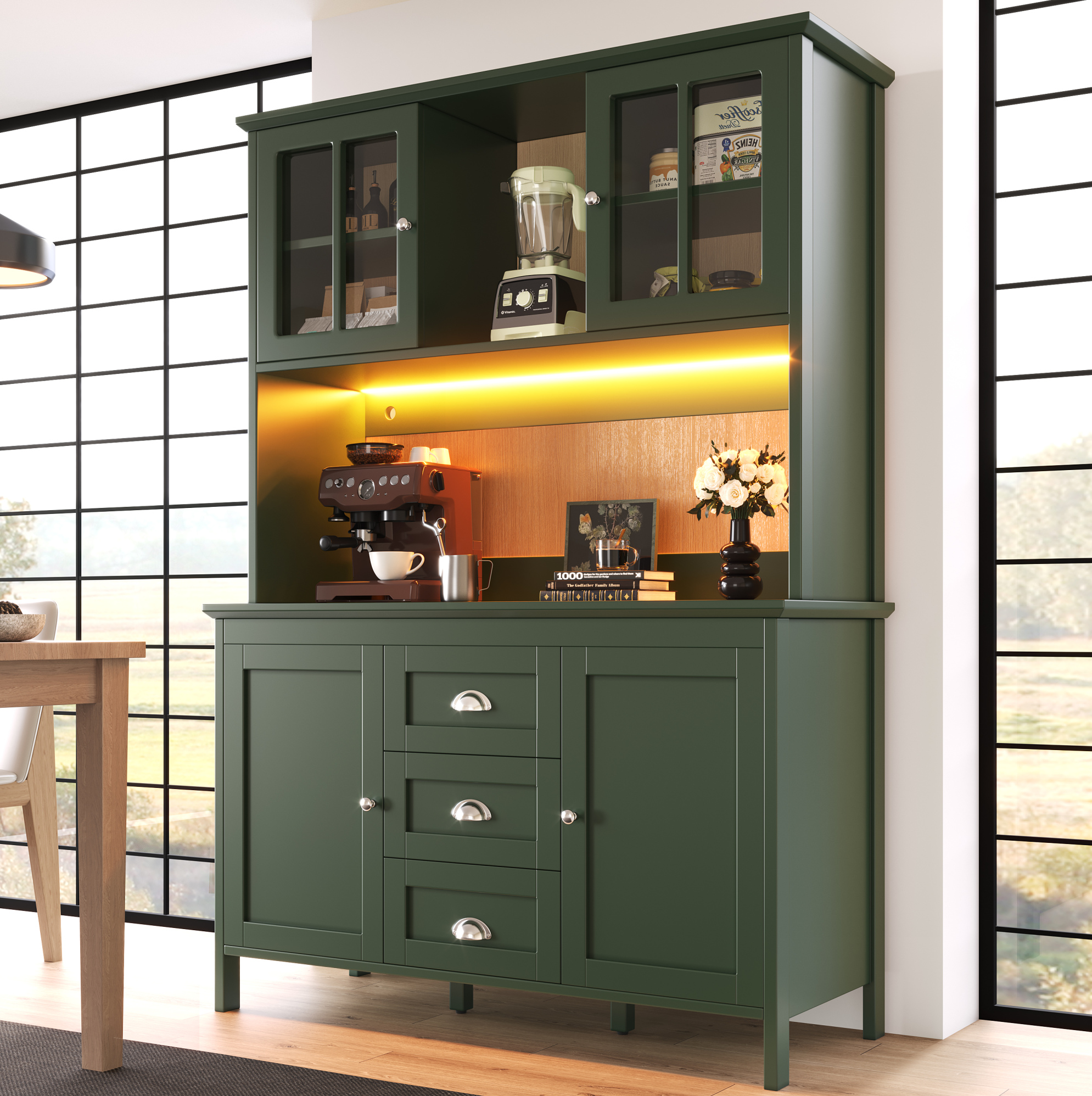 Aparador De Cocina (120x40x179 Cm), Con Amplio Almacenamiento, Estantes Regulables, Mdf, Verde