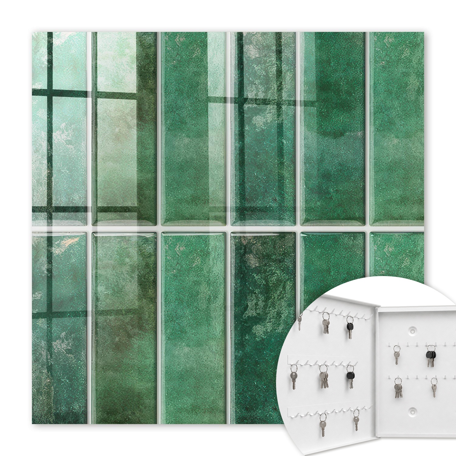 Armoire À Clés - (30 Cm X 30 Cm) - Boîte À Clés Murale - Coffret De Rangement Pour Clés - Couleur Blanche - Ouverture Vers La Gauche - Pour Maison Et Bureau - Motif Vert