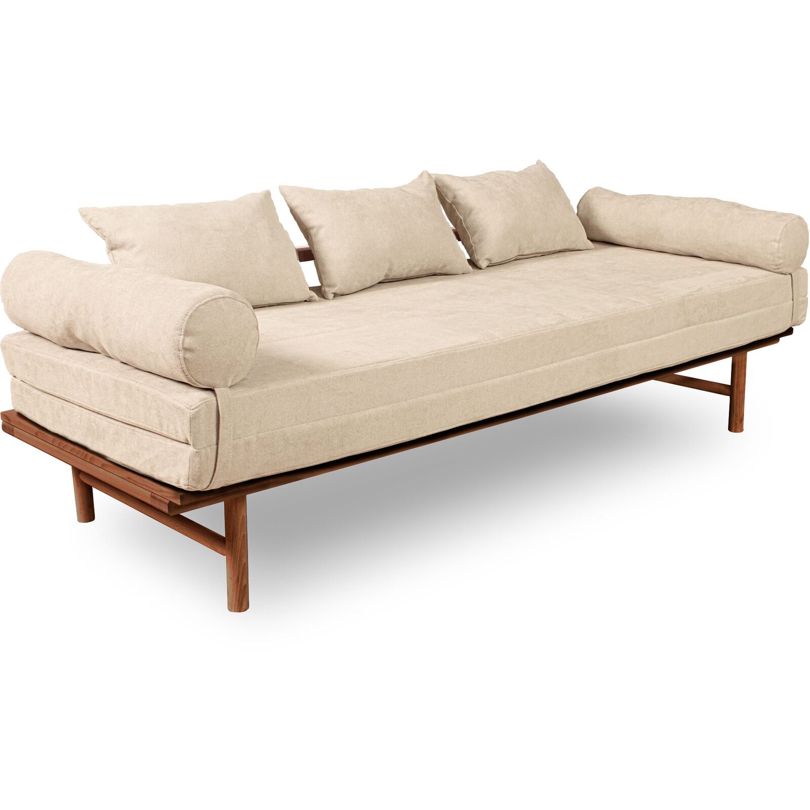 Canapé Lit Convertible Design En Tissu Beige Et Bois - 140 X 200 Cm - Bois Clair Et Beige