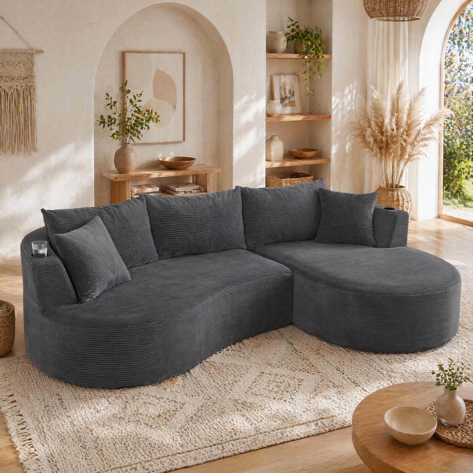 Canapé 3 Places En U Avec Chaise Longue Droite, Tissu Effet Corde, Gris, Redom