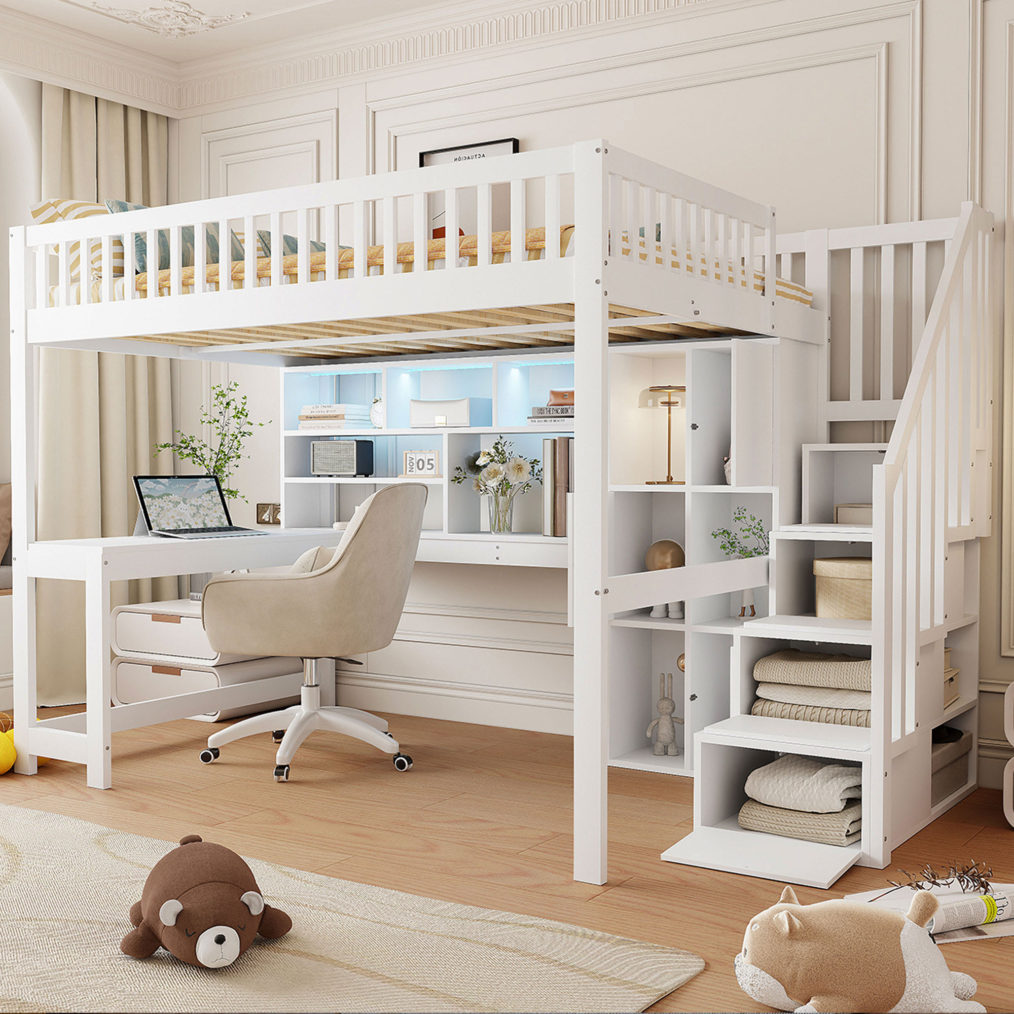 Redom Lit Mezzanine 140x200 Cm Avec Éclairage Led, Échelle De Rangement, Étagères, Compartiments, Bureau, Pin Blanc (sans Matelas)