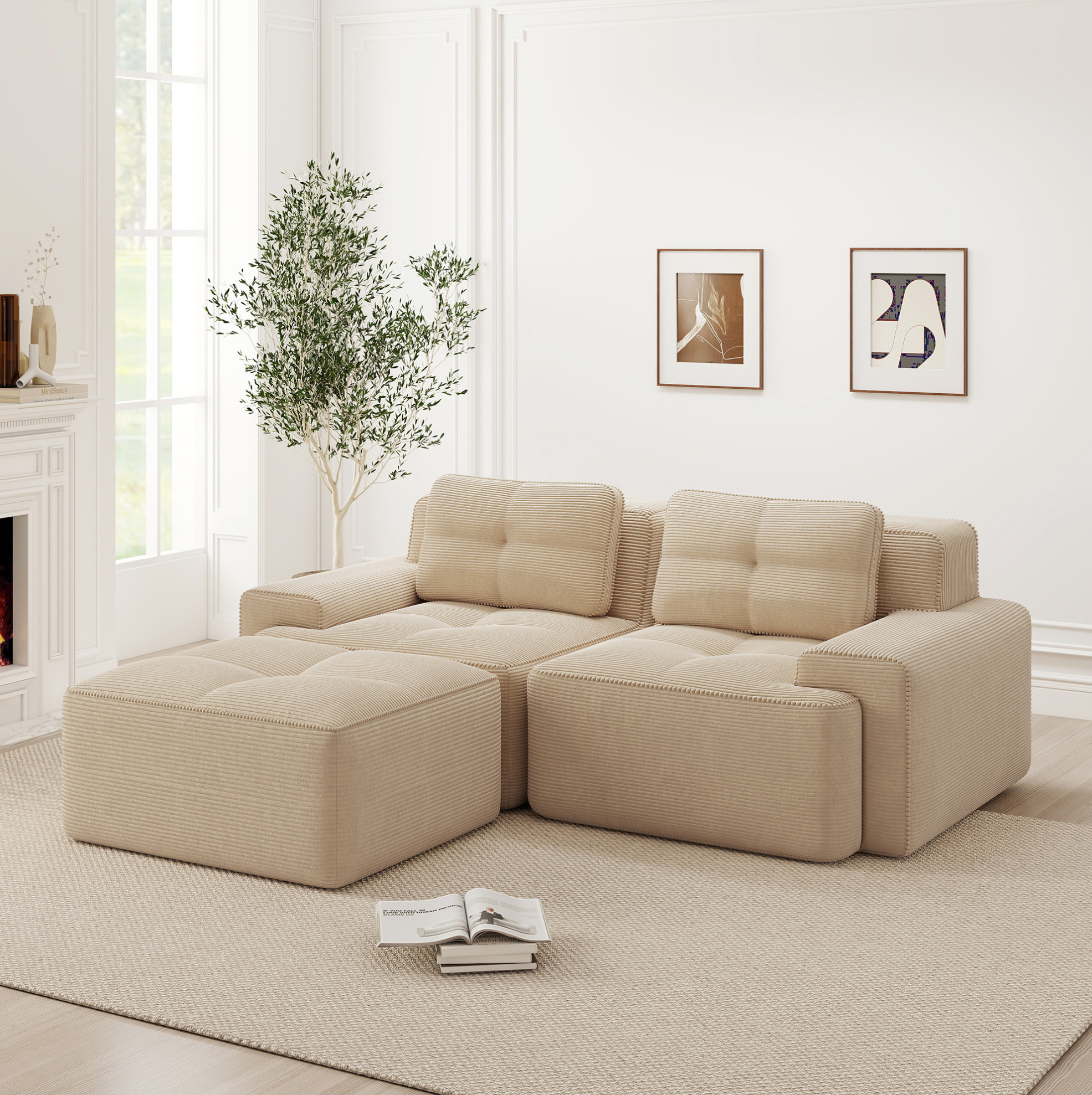 Redom - Canapé D'Angle 2 Places Modulable, Assise Profonde, Dossier Incurvé, Tissu En Velours Côtelé, Beige