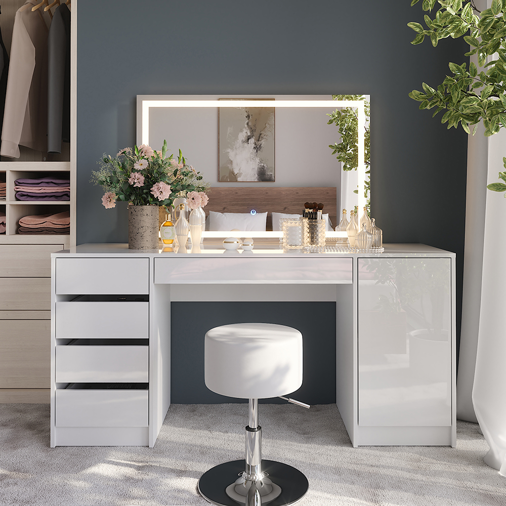 Coiffeuse Sherry, Blanc/blanc Haute Brillance, 158.2cm Avec Miroir Led Et Tabouret, Vicco