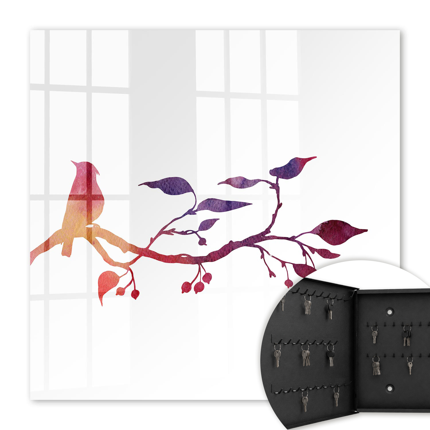 Armoire À Clés - (30 Cm X 30 Cm) - Boîte À Clés Murale - Coffret De Rangement Pour Clés - Couleur Noire - Ouverture Vers La Gauche - Pour Maison Et Bureau - Une Branche Avec Un Oiseau