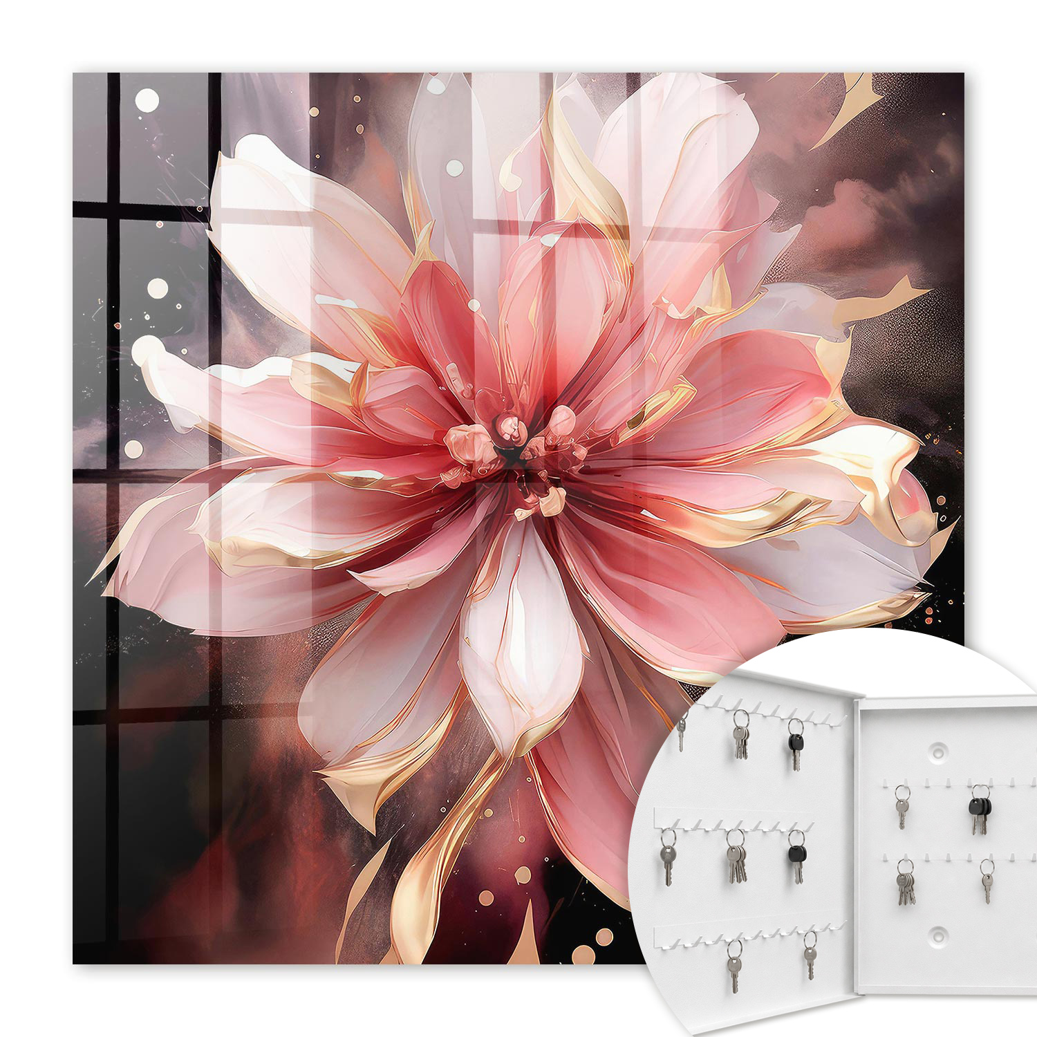 Armoire À Clés - (30 Cm X 30 Cm) - Boîte À Clés Murale - Coffret De Rangement Pour Clés - Couleur Blanche - Ouverture Vers La Gauche - Pour Maison Et Bureau - Fleur Rose