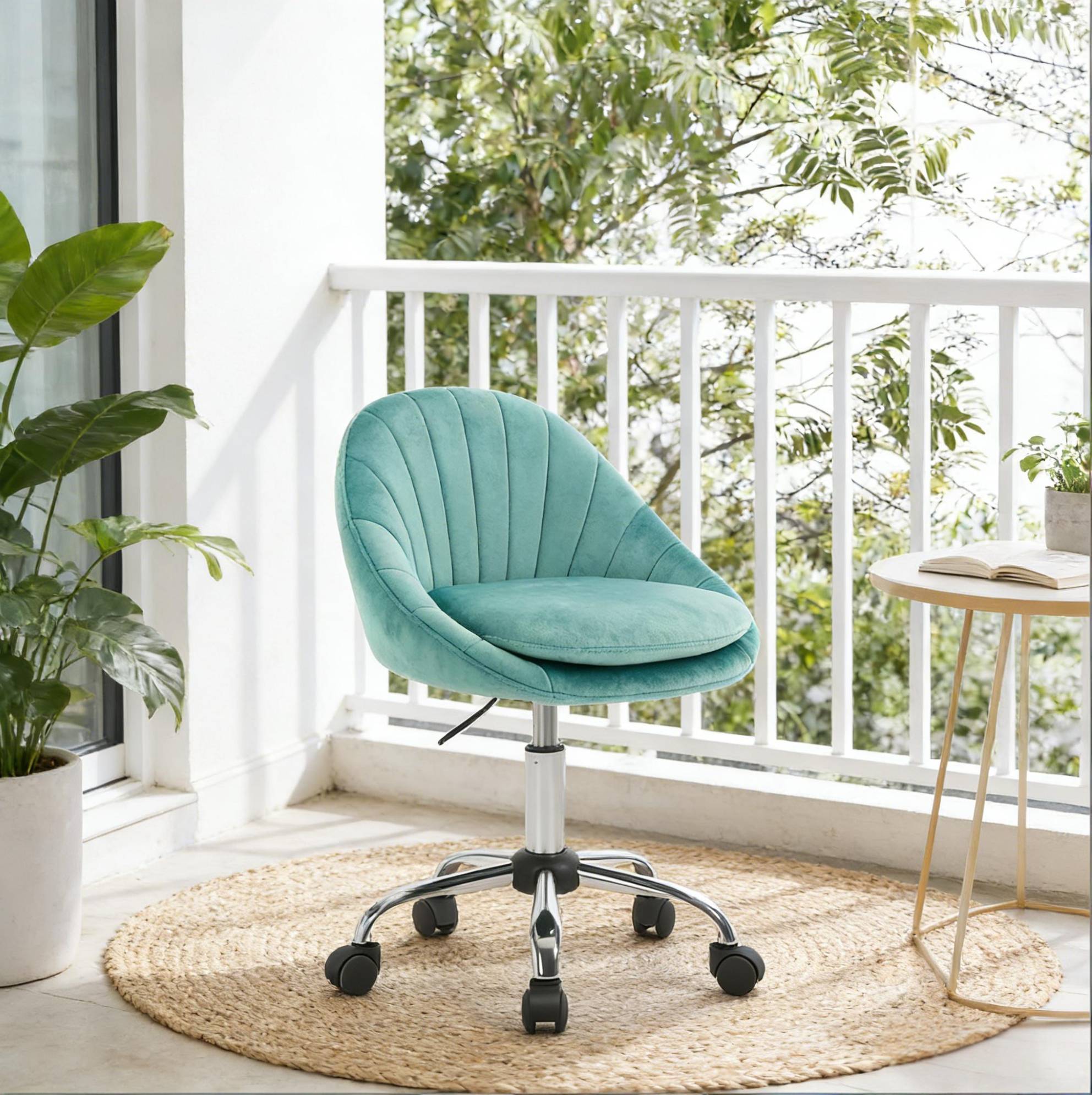 Chaise De Bureau À Roulettes En Velours Turquoise, Hauteur Réglable, Base Métal, Redom