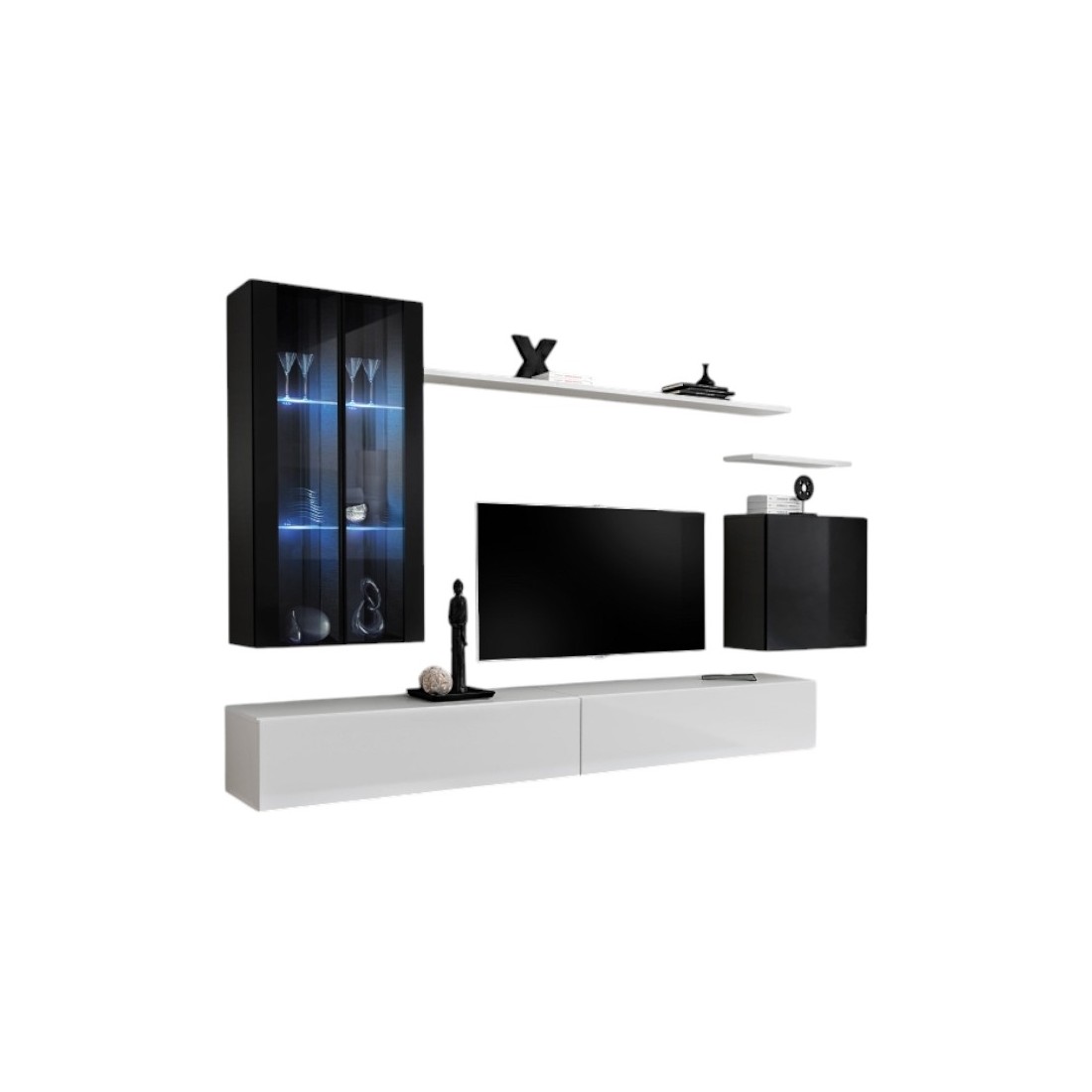 Meublorama - Ensemble Meuble Salon Mural Switch Xii Design, Coloris Blanc Et Noir Brillant.
