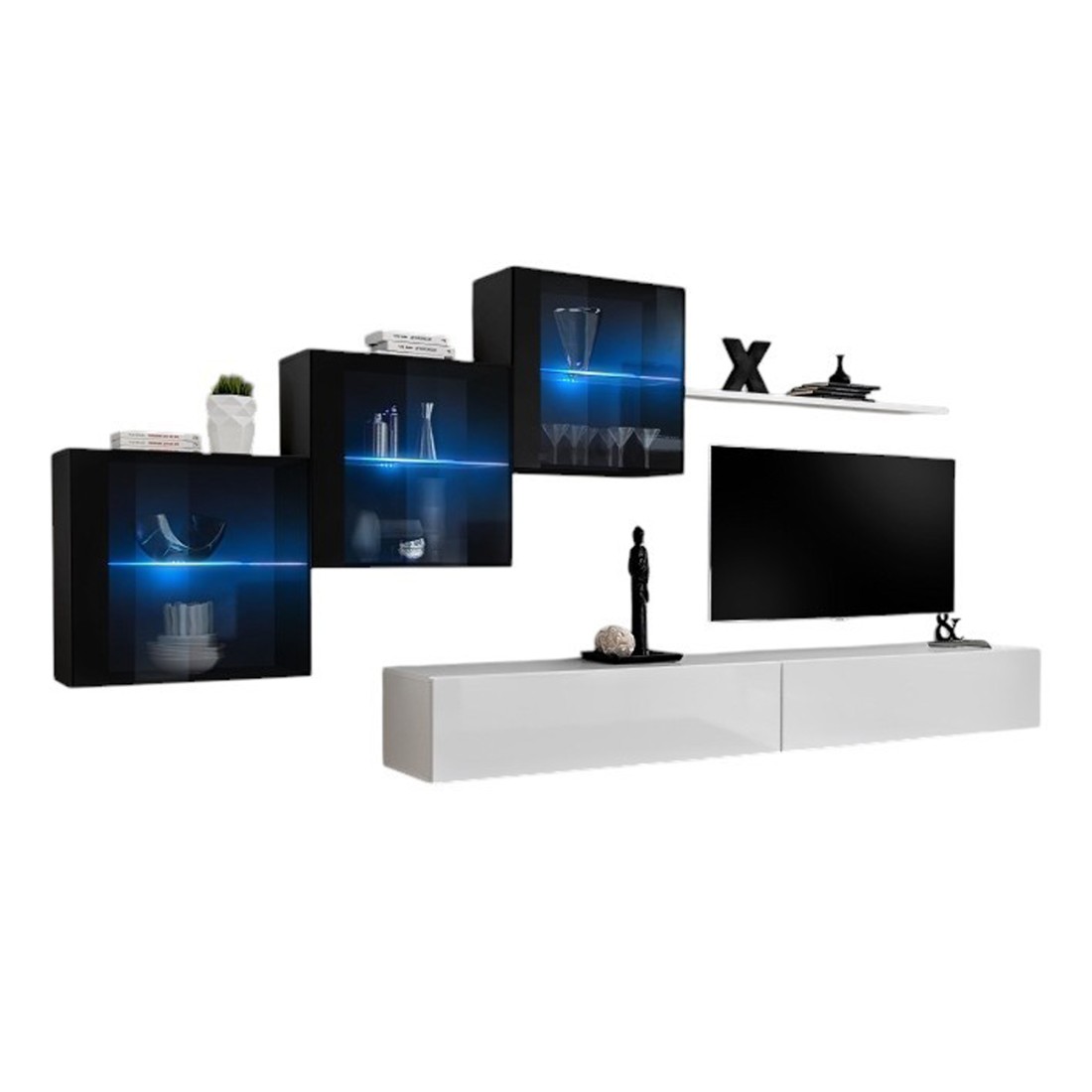 Meublorama - Ensemble Meubles Salon Switch Xx - Blanc Et Noir Brillant - Meuble Tv Et Rangements Suspendus Design