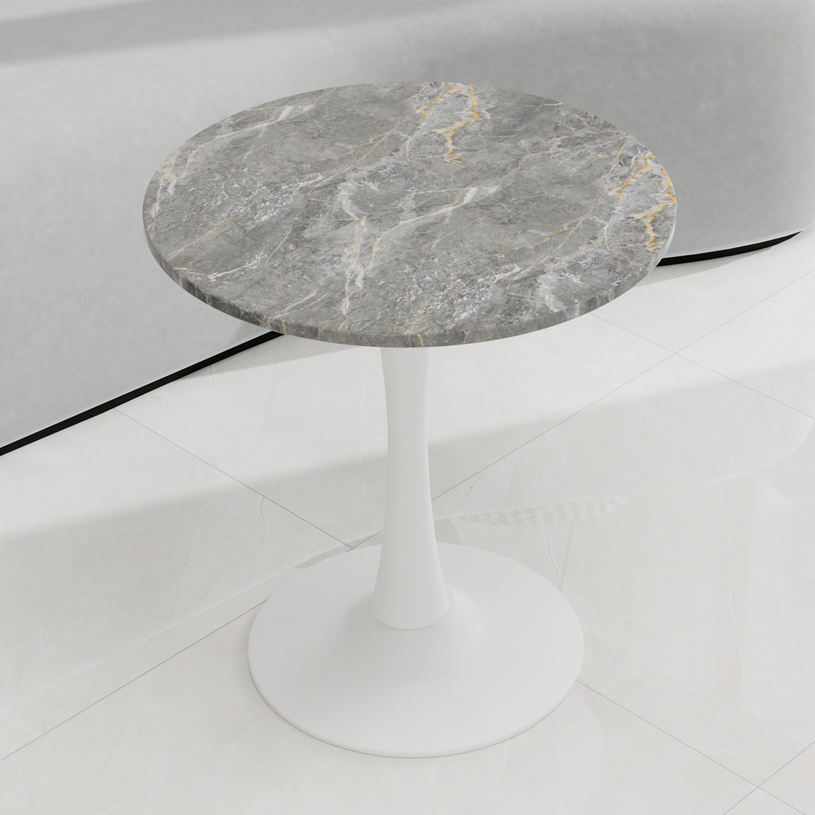 Redom Table Basse Ronde, Design Moderne Minimaliste, Marbre Artificiel, Blanc Antique Et Gris