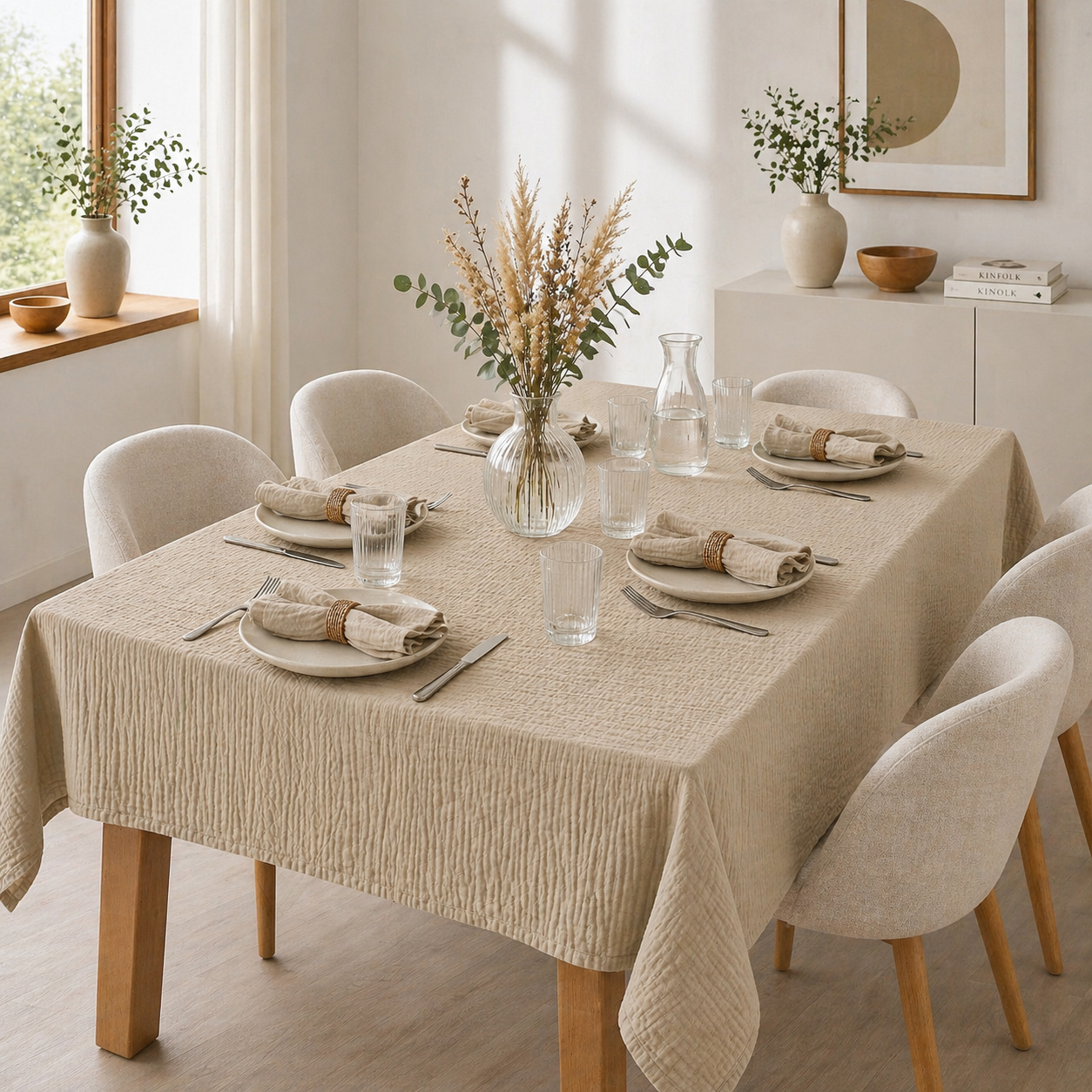 Nappe Rectangle 150 X 250 Cm + 6 Serviettes De Table - Double Gaze De Coton Gaïa Ficelle