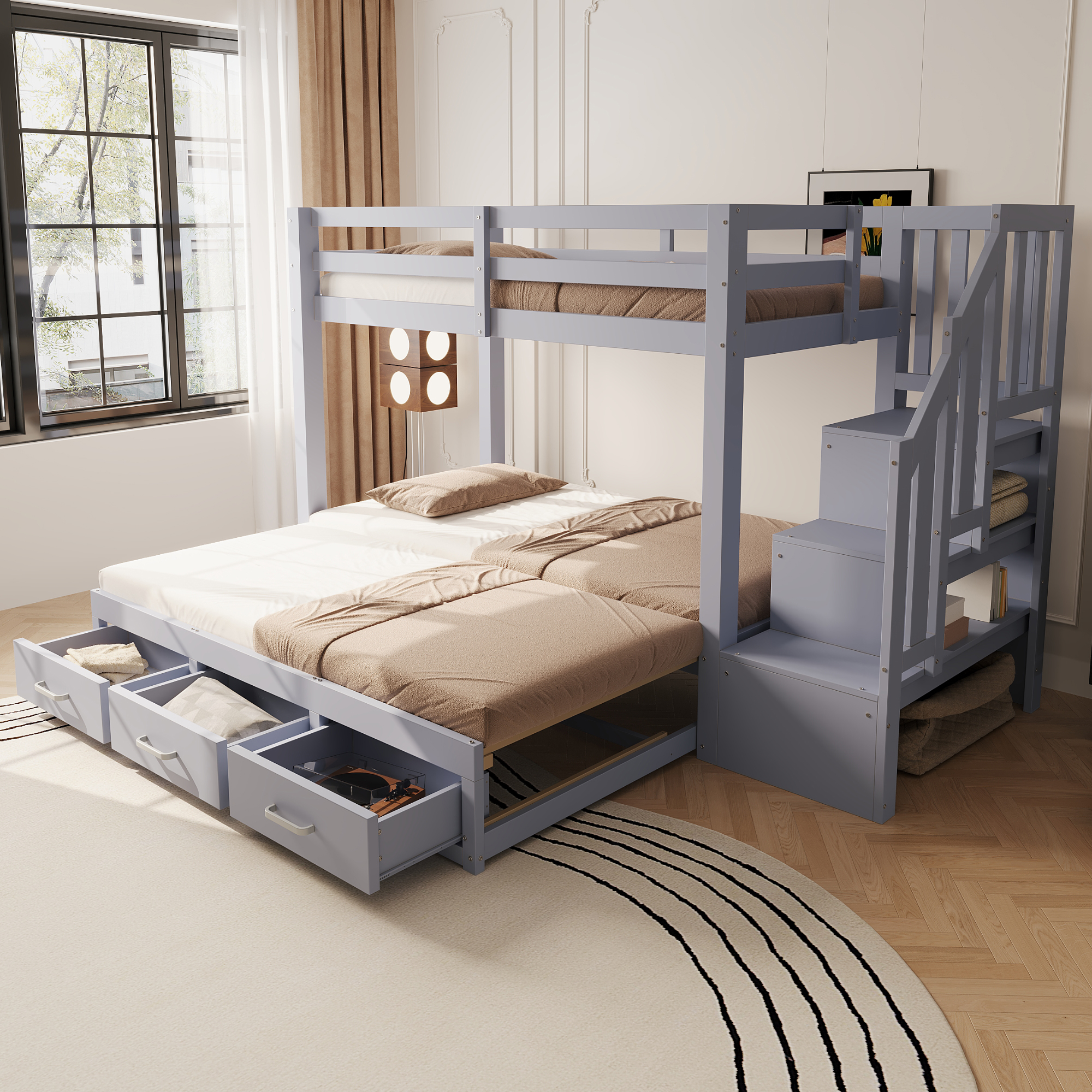 Lit Superposé 90x200 Cm, Avec Lit Gigogne Extensible Et 3 Tiroirs, En Bois, Gris,sans Matelas