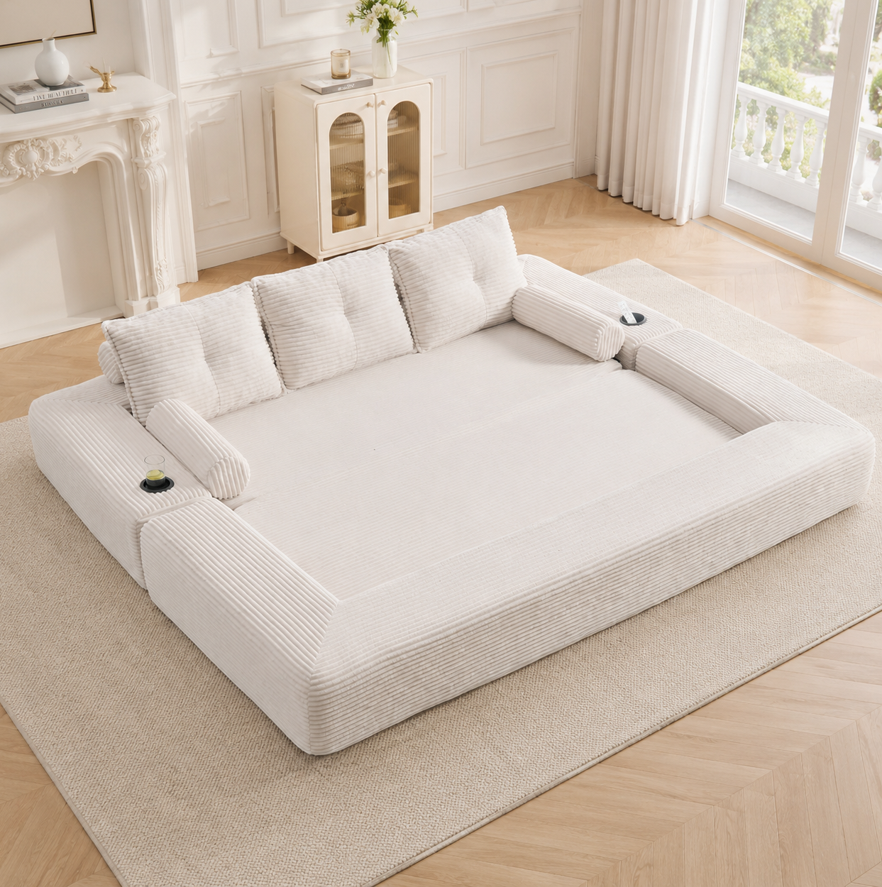 Canapé-lit 3 Places En Corduroy Beige, Mousse, Ressorts, Coussins Mémoire, 2 Colis
