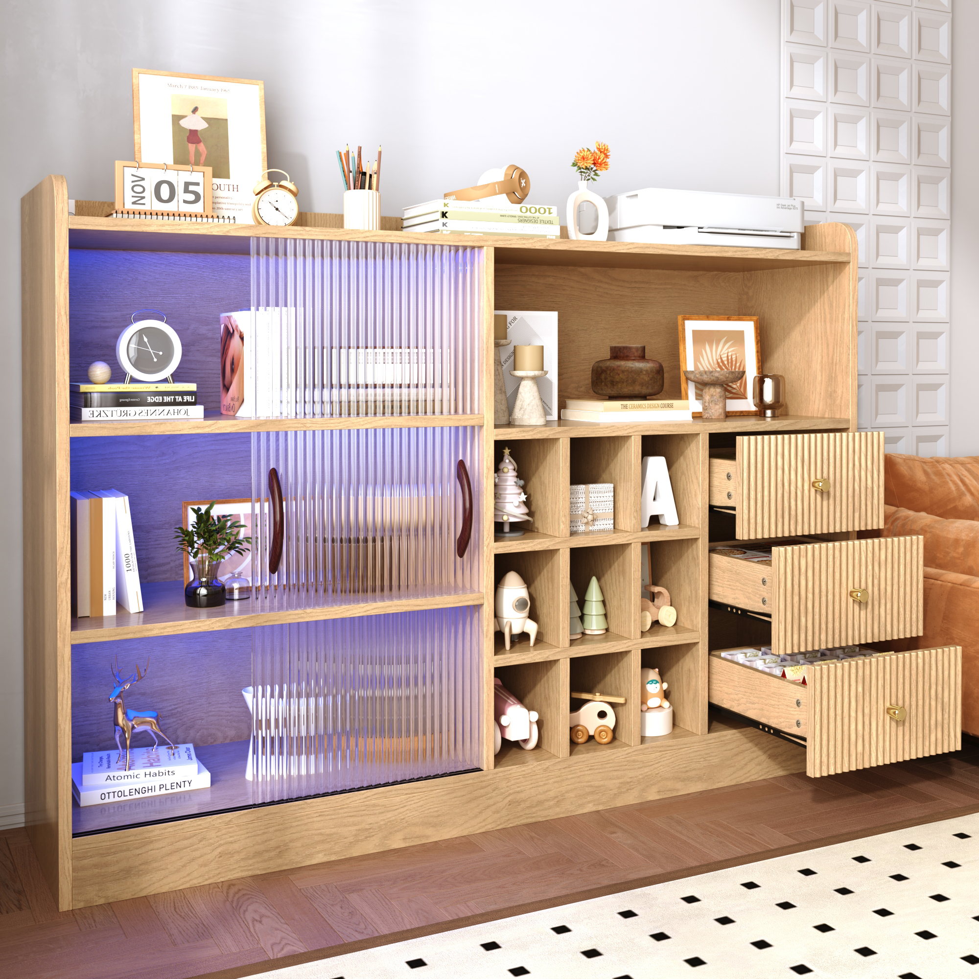 Redom -meuble De Rangement Rétro - 120 × 30 × 85 Cm - Avec Casier À Vin En Damier, Éclairage Led Et Portes Coulissantes En Verre Translucide - Meuble Bar Multifonction