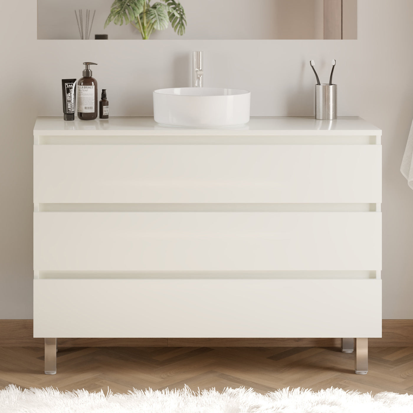 Meuble De Salle De Bain 120cm Avec Plateau Et Vasque À Poser Ronde - 3 Tiroirs - Sans Miroir - Blanc Brillant - Mayor