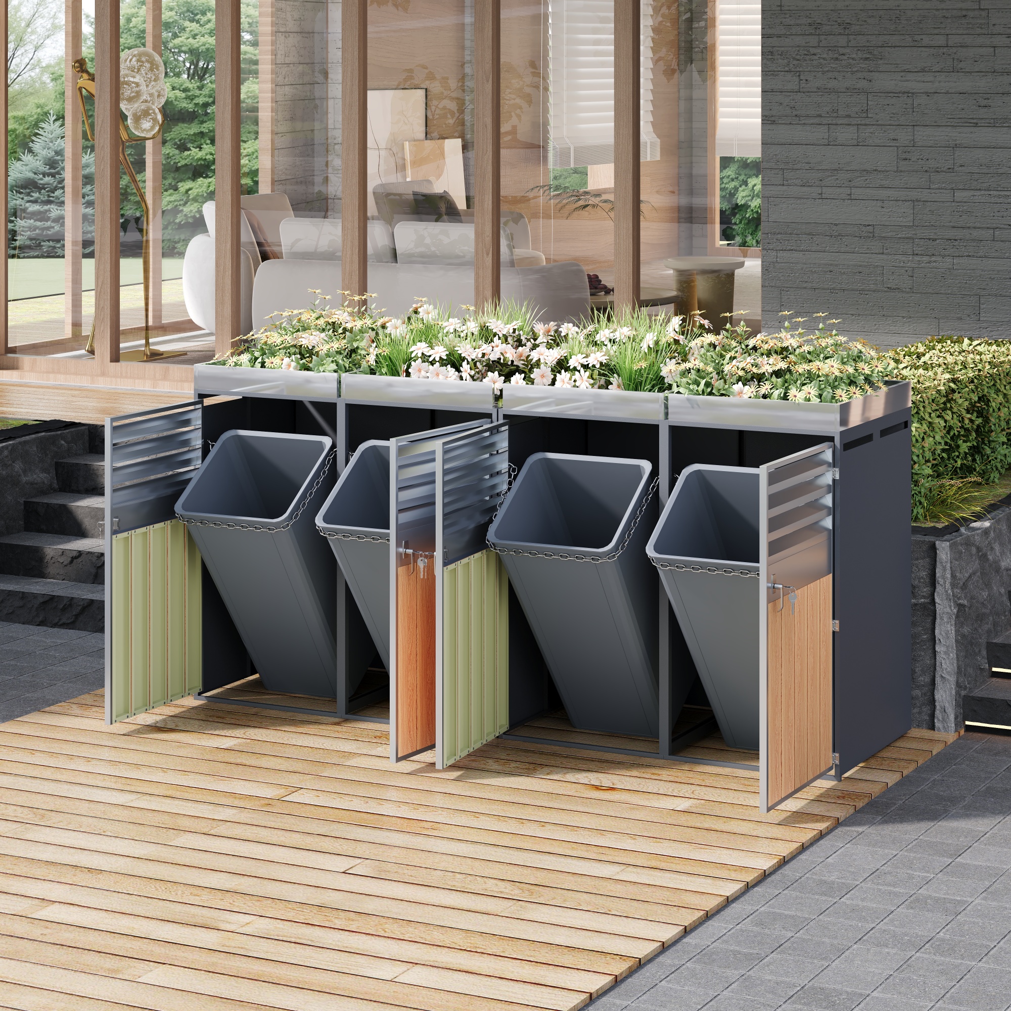 Redom Abri Cache-poubelles Avec Bac À Fleurs Intégré, 4 Portes Verrouillables, Ventilation À Lamelles, Acier Gris